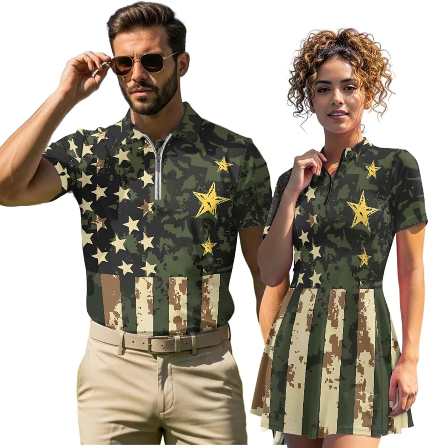 INSTANTARTS Couples' Golf Outfit Mens Golf Shirt 1/4 Zip Up Quick Dry Athletic Top and Womens Golf Dress with Built in Short