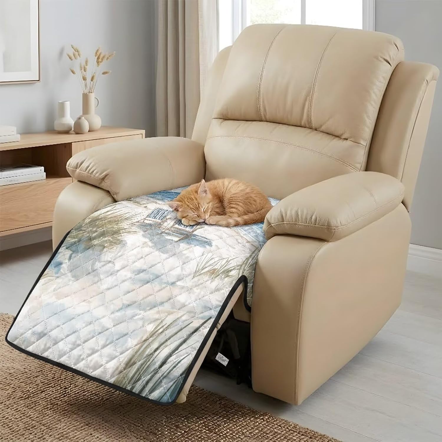 Beach Chair Umbrella Sailboat Print Recliner Chair Cover, Anti-Slip Quilted Recliner Couch Slipcover, Washable Furniture Protector for Living Room, Fits Most Standard Recliners