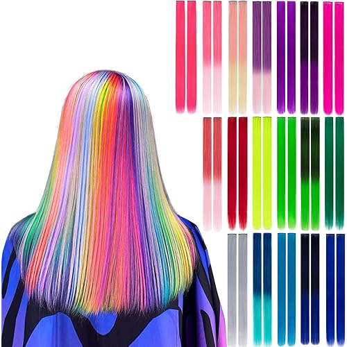 HH FASHION 36 Pcs Colored Clip in Hair Extensions 20 Inch Long Straight Party Highlights Synthetic Hairpieces for Women Kids Girls