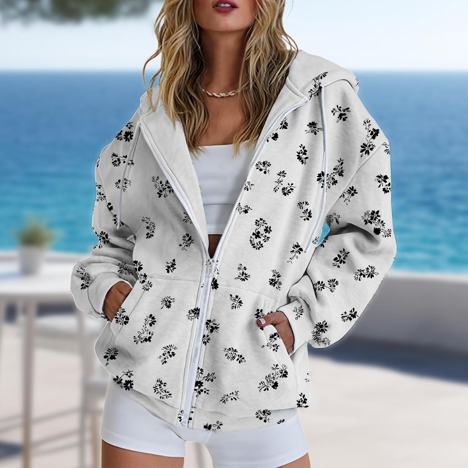 Sweatshirt for Women Zip Up Loose Casual Fall Hoodies Fashion Floral Long Sleeve Winter Outfits - Image 2