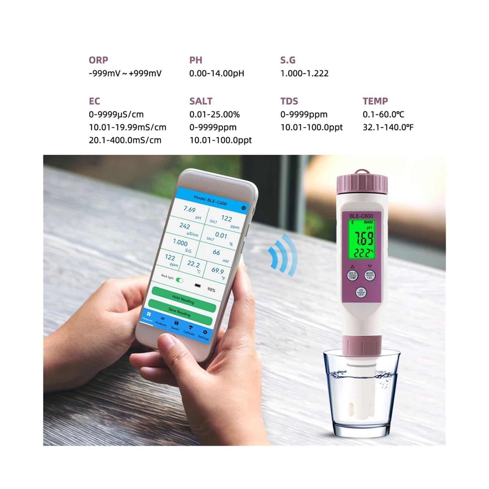 Misuratore di pH Bluetooth 7 in 1/5 in 1 Smart PH EC TDS ORP SALE SG TEMP Test qualità 'acqua Acquari salinità Giardinaggio, Agricoltura(5 in 1 PH Meter)