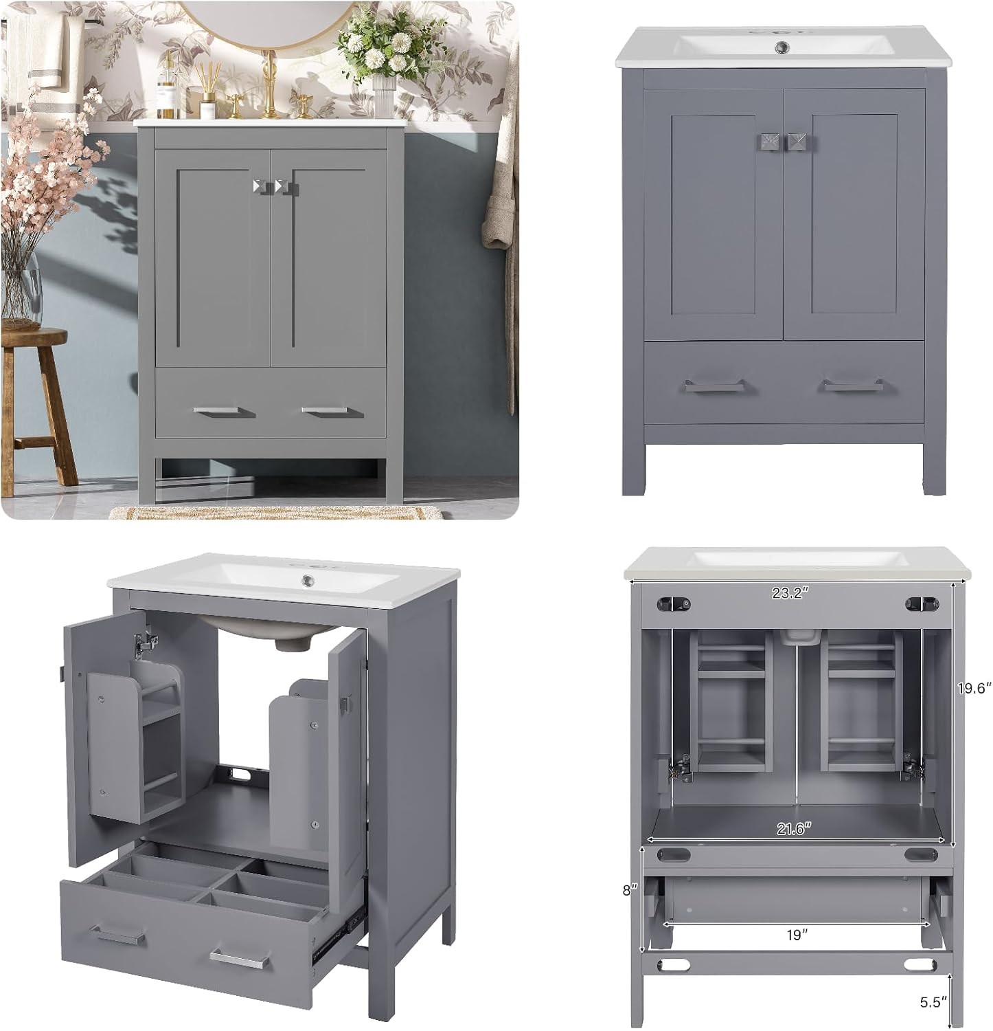 24" Freestanding Bathroom Vanity with Sink, Floor Stand Bathroom Storage Cabinet with Ceramic Sink, Door with Double-Layered Storage Shelves, Modern Compact Vanity with Divided Drawer, Gray