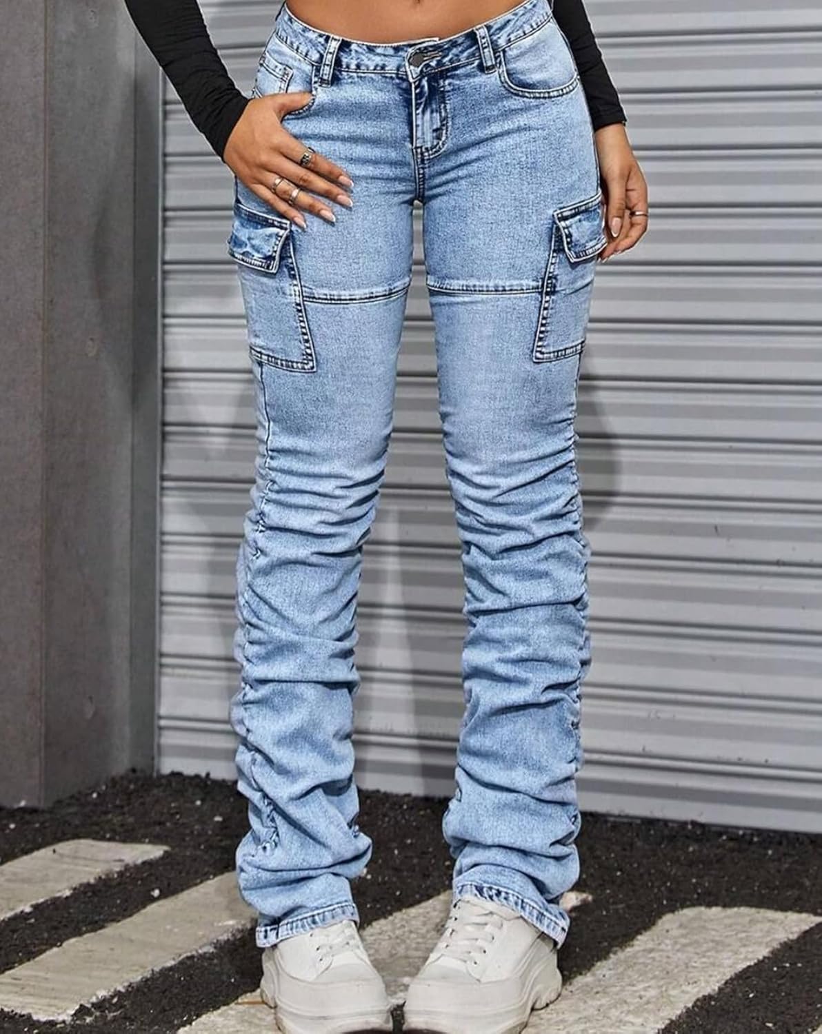Women's Stacked Jeans Mid Rise Bootcut Skinny Stretchy Denim Pants Trousers - Image 5