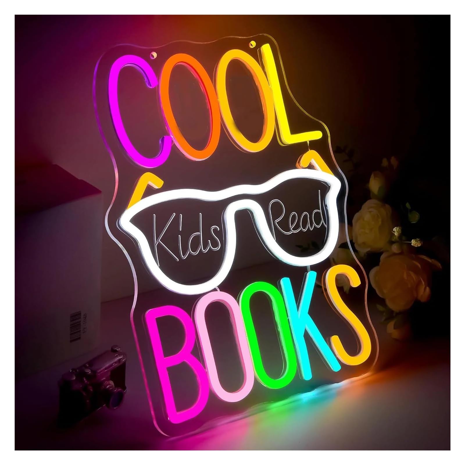 Wiszące neony artystyczne Neon "Fajne Dzieci Czytają Książki" Kolorowy Napis, Dekoracja Ścienna Do Czytania, Księgarnia, Biblioteka, Muzeum, 35 X 27,7 Cm
