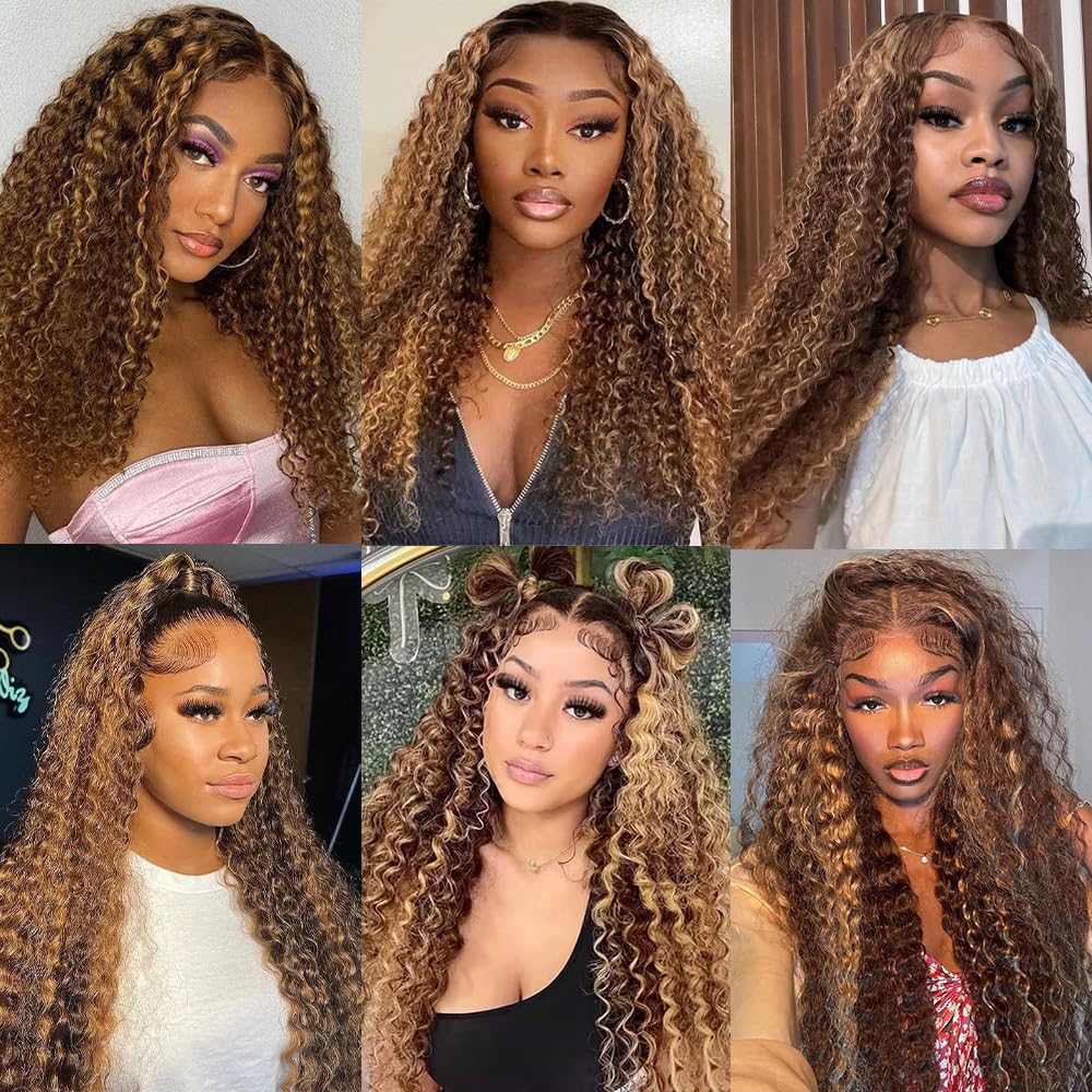 DJFG Deep Wave Lace Front Wigs Human Hair Curly Wig Human Hair HD Frontal 200 Density 13x6 Lace Honey Blonde Highlight Ombre Lace Front Wig Human Hair 28 Inch