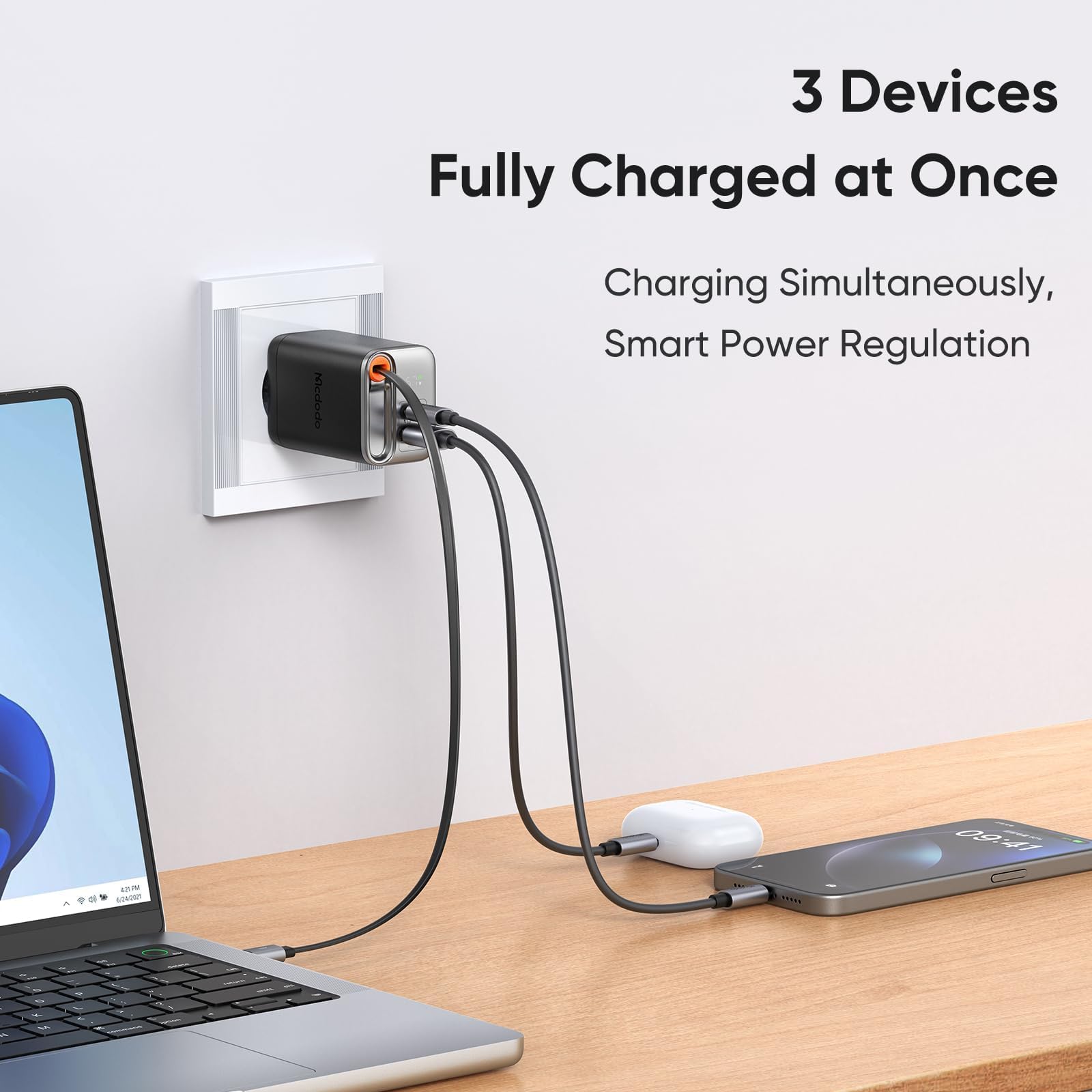 mcdodo Ładowarka USB C, 67 W, zasilacz USB C GaN, szybka ładowarka 3-portowa, do iPhone’a 16 15 14, Samsunga, MacBooka Pro (z chowanym kablem do ładowania)