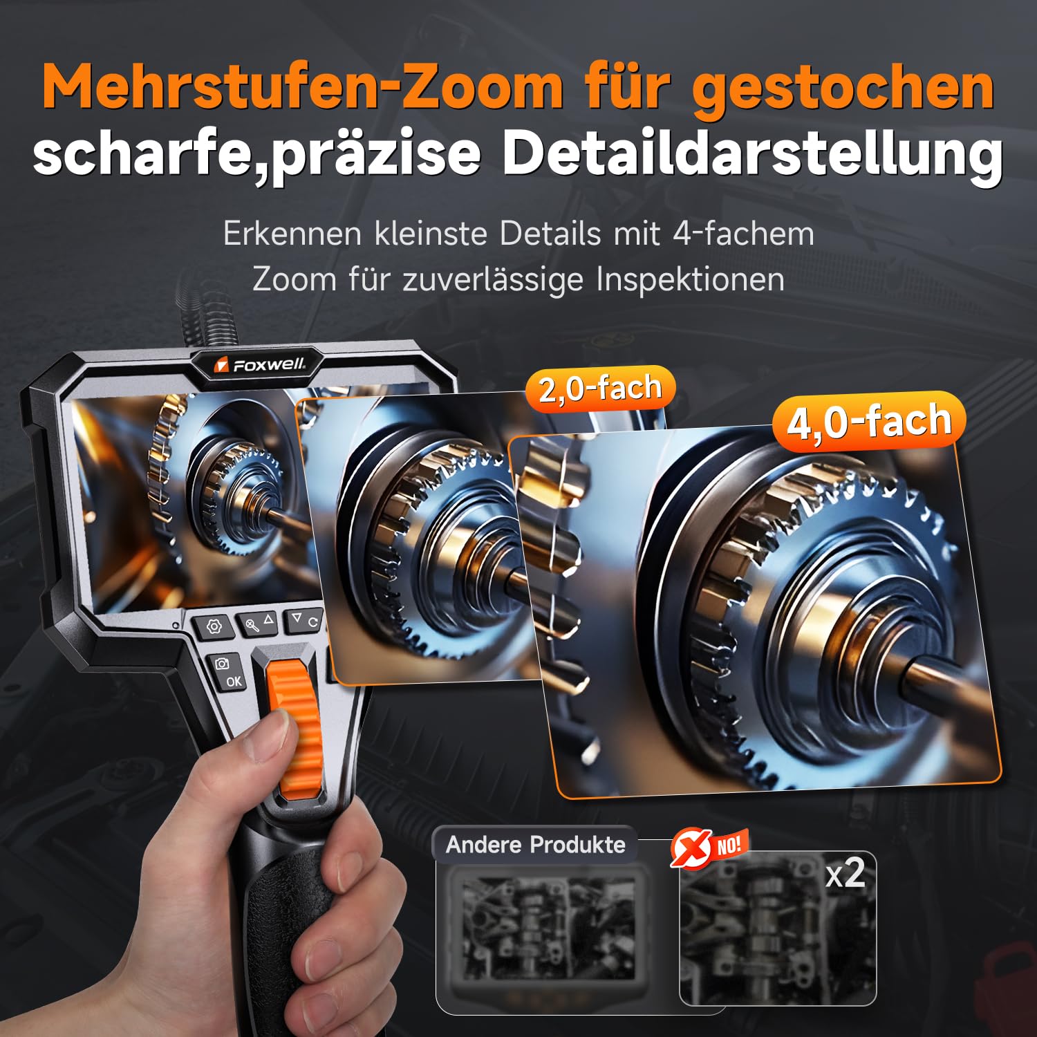 FOXWELL 6,2mm Professionell 2-Wege Schwenkkopf Endoskopkamera mit Licht | 220° Schwenkkopf, IP67 wasserdicht, IPS Display, Foto/Video, 1,6m Kabel, 6 dimmbare LEDs für Werkstatt, KFZ & Rohr