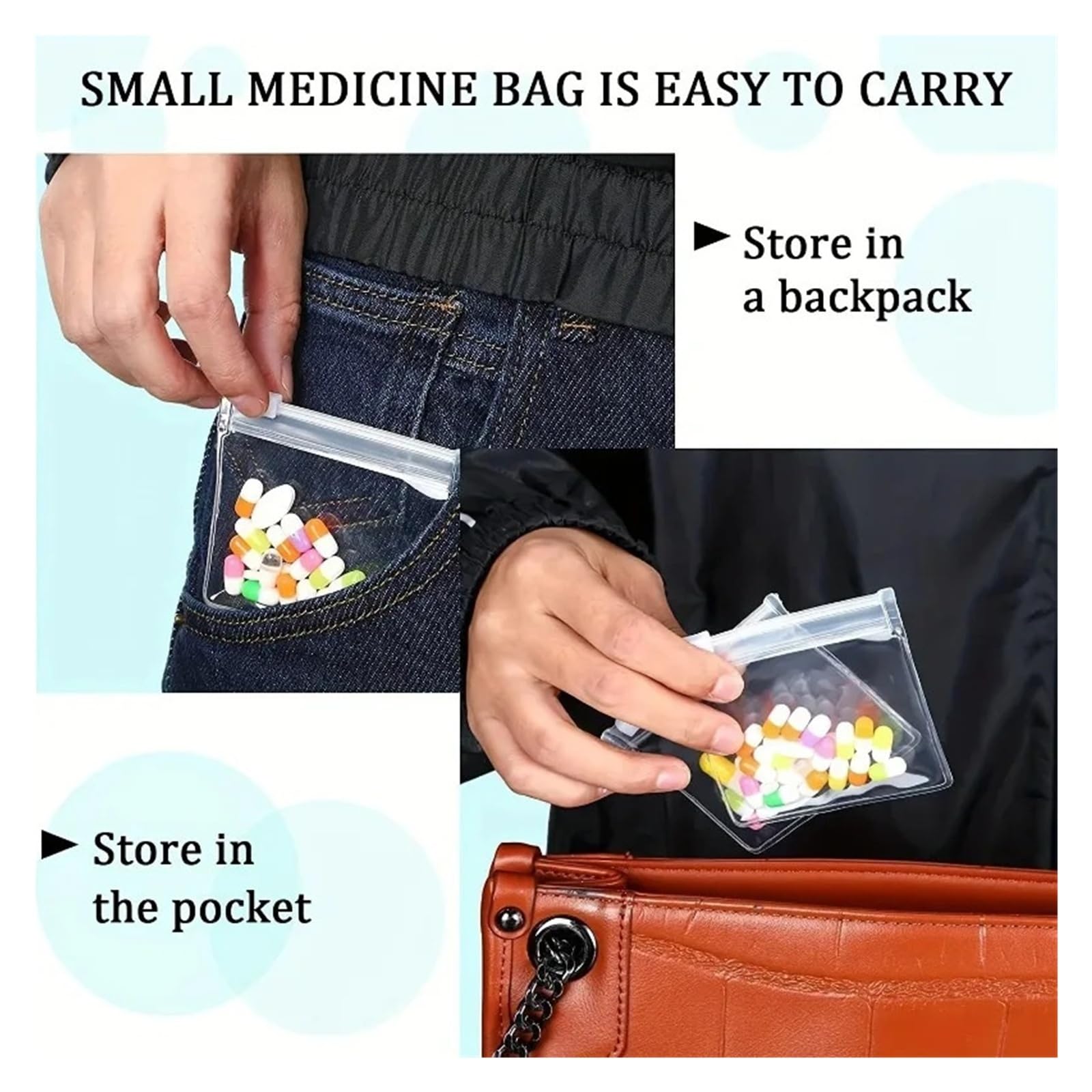 Lot de 20 pochettes à pilules réutilisables en EVA transparent avec fermeture éclair pour médicaments et suppléments vitaminés (orange)