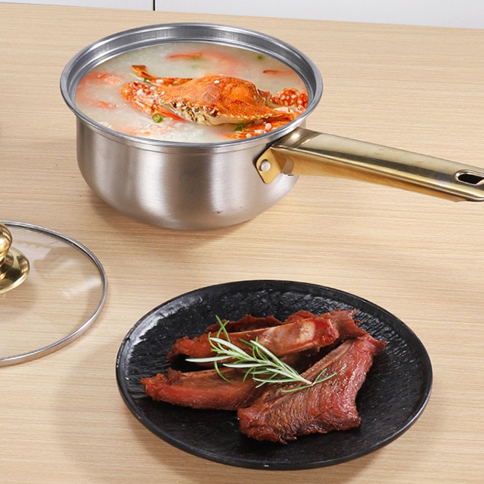 Juego de utensilios de cocina ergonómicos de acero inoxidable con asas doradas, ollas y sartenes multifuncionales con tapas de cristal, ideal para cocina