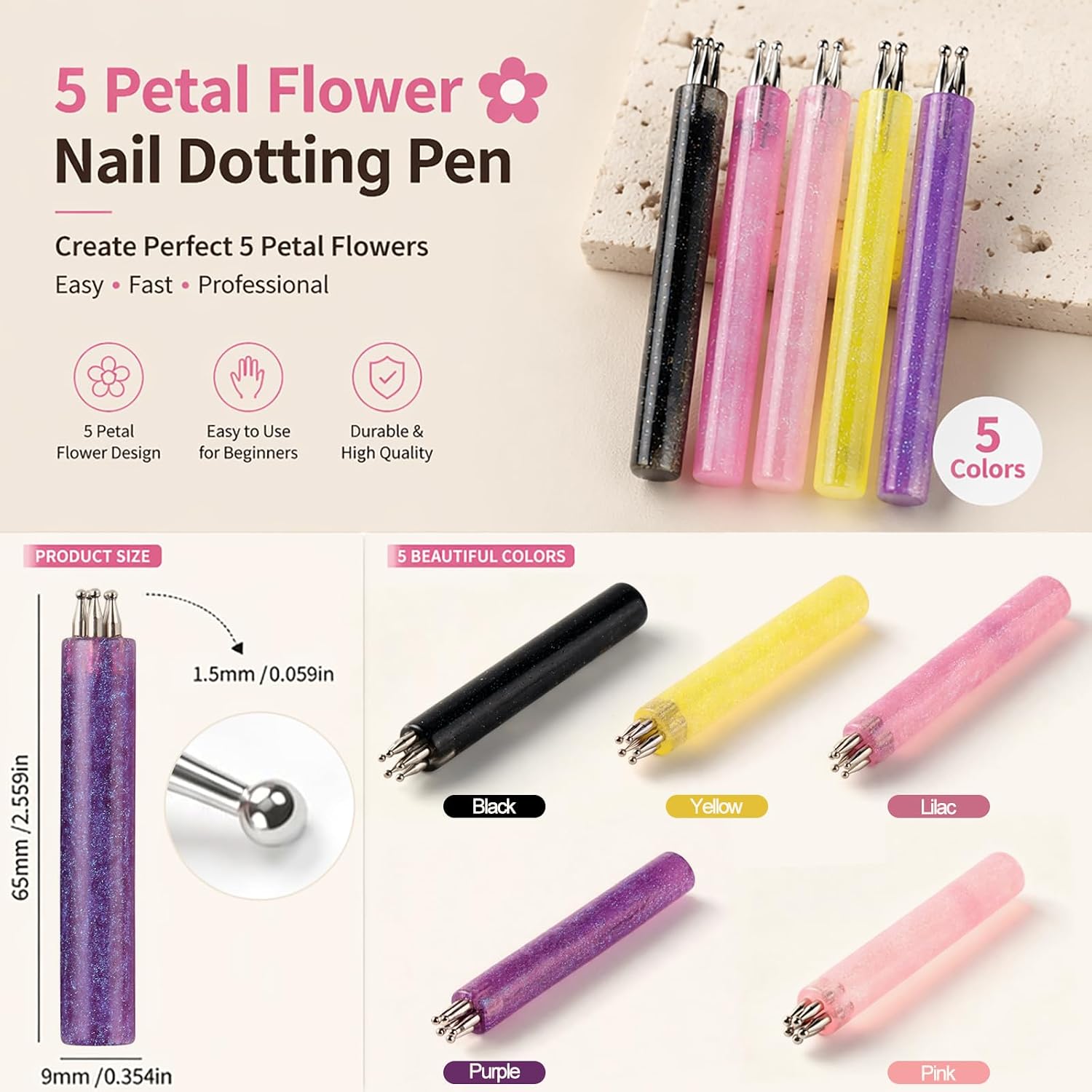 5 Petal Flower Nail Dotting Pen Set (5PCS), Nail Art Dotting Tools 1.8mm Fine Tip One Stroke Nail Design Tool Nail Painting Pens for DIY Manicure Salon Use