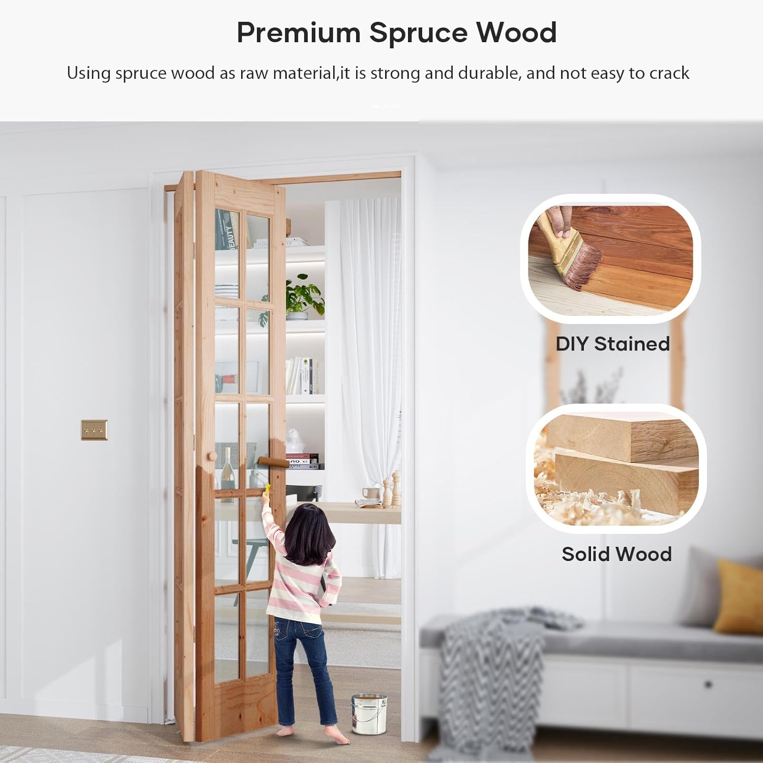 Image showing a child painting a wooden bifold door, with insets highlighting 'DIY Stained' and 'Solid Wood'.