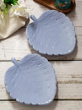 Shilpkara"The Leaf Shade" Handcrafted Apetizer Chip-N-Dip Snacks Serving Ceramic Platter for Dining Table Set of 2, Microwave Safe, Dishwasher Safe