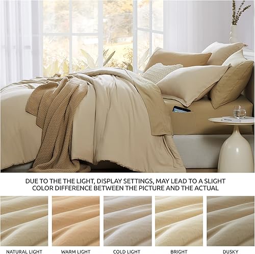 Miniatura 4 de WRENSONGE Juego de edredón beige tamaño Queen, 7 piezas de microfibra suave tamaño Queen con sábana bajera, sábana encimera, 2 fundas de almohada y