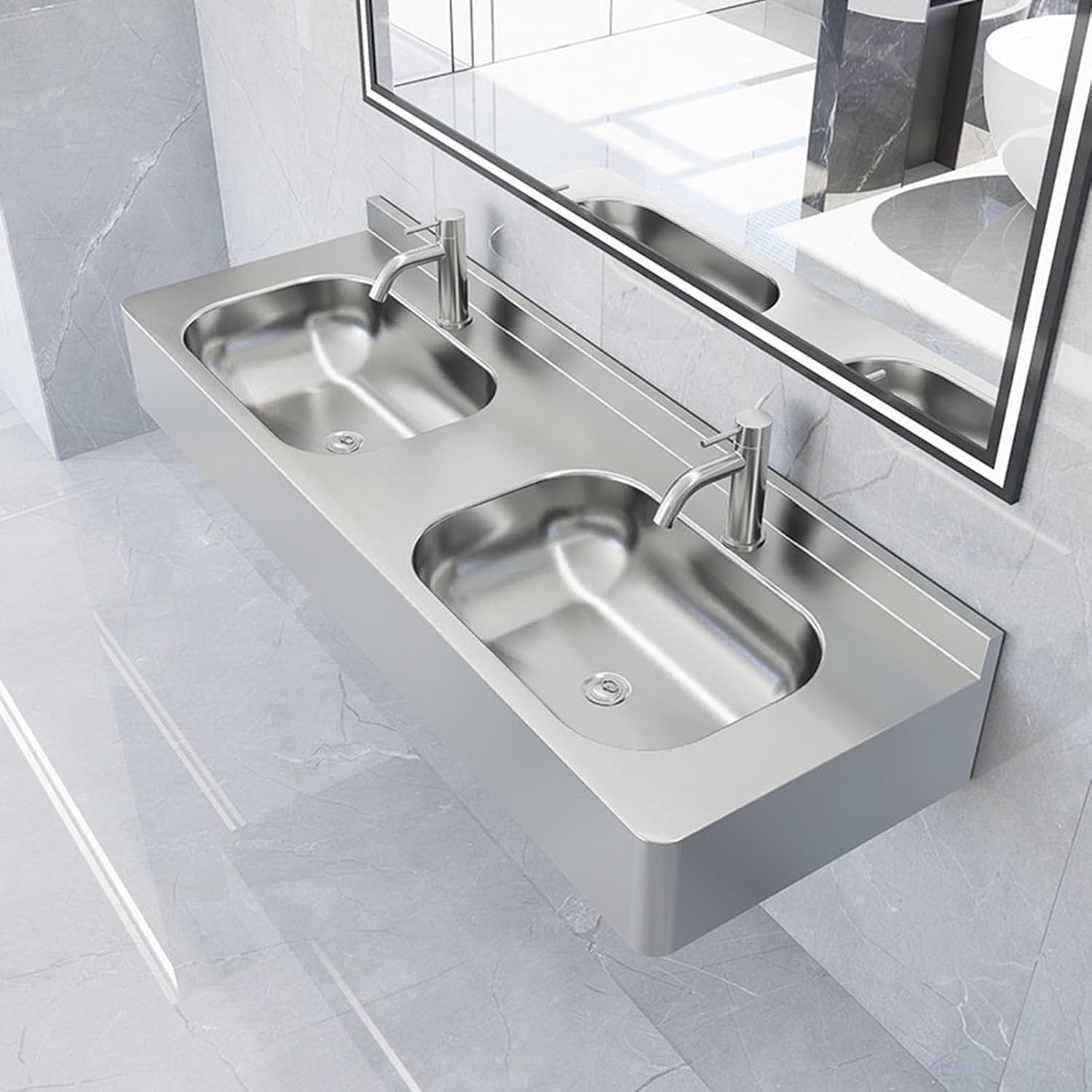 Wall Mounted Floating Double Bowl Sink, Commercial Dual Hand Washing Station Stainless Steel Vessel Sink, Trough Bathroom Sink Double Basin Vanity Sink, for Public Restroom/School/Bar/RV