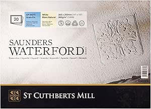 St. Cuthberts Mill Saunders Waterford Watercolor Paper Block - 14x10-inch White 100% Cotton Watercolor Paper - 20 Sheets of 140lb Cold Press Watercolor Paper for Gouache Ink Acrylic Charcoal and More