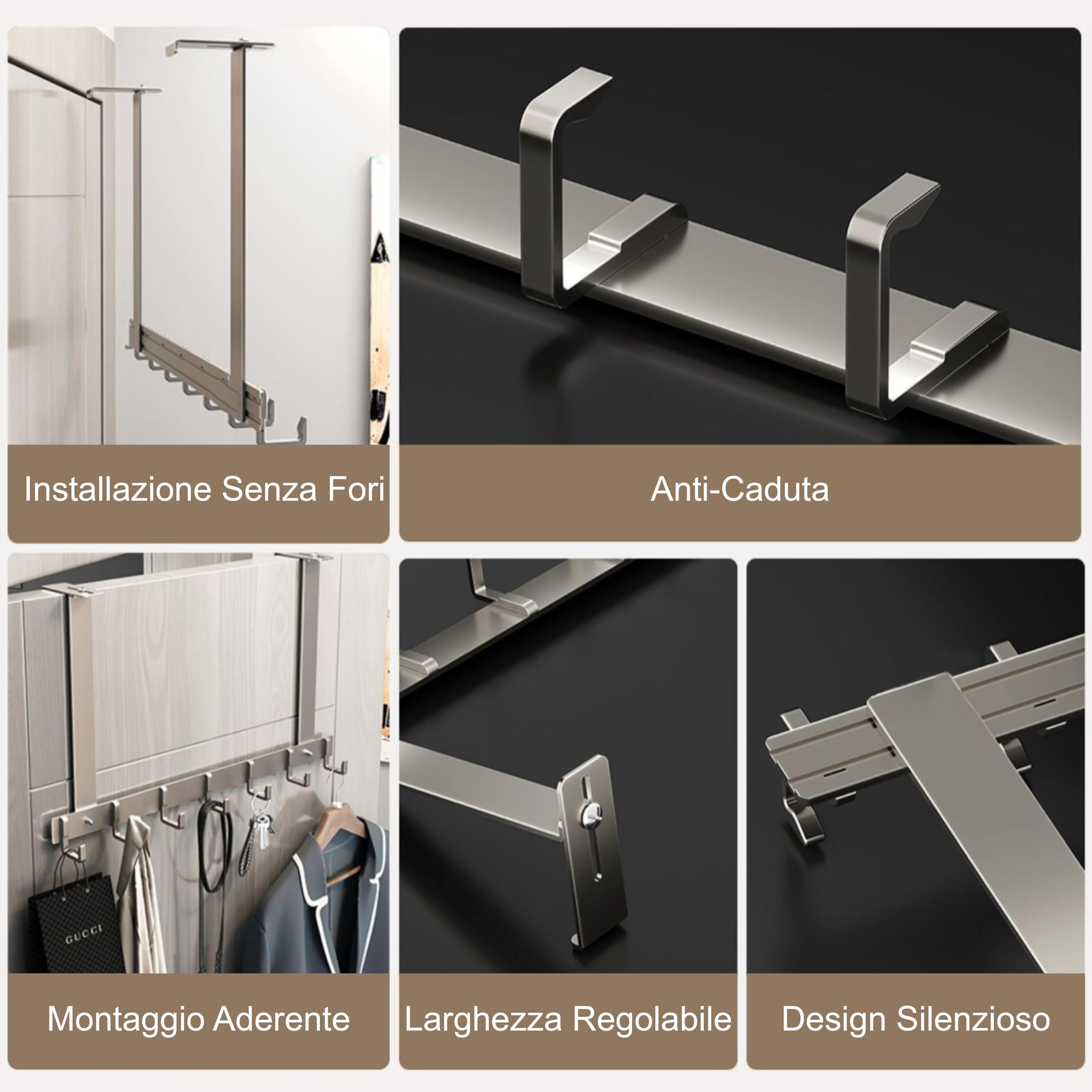 Appendiabiti da porta Regolabile,8 ganci,salvaspazio,da appendere,estremamente resistente - appendini da porta, ganci appendiabiti da porta, appendi abiti per porte (grigio) - 4