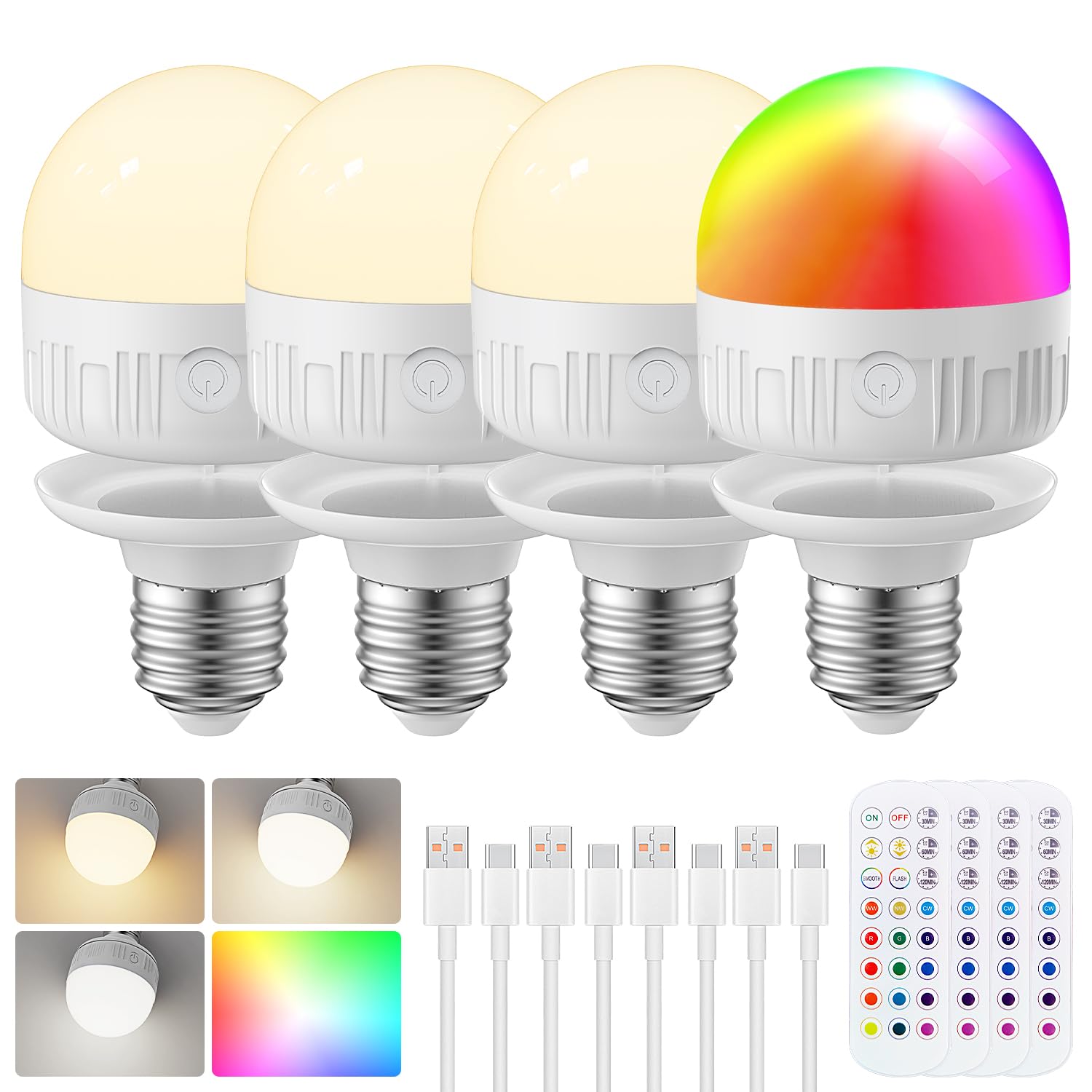 LGMCF Bombilla recargable con mando a distancia, E27, intensidad regulable, colores RGB, bombilla LED con batería, 8 W de control táctil con función de temporización, luz de emergencia con magnético