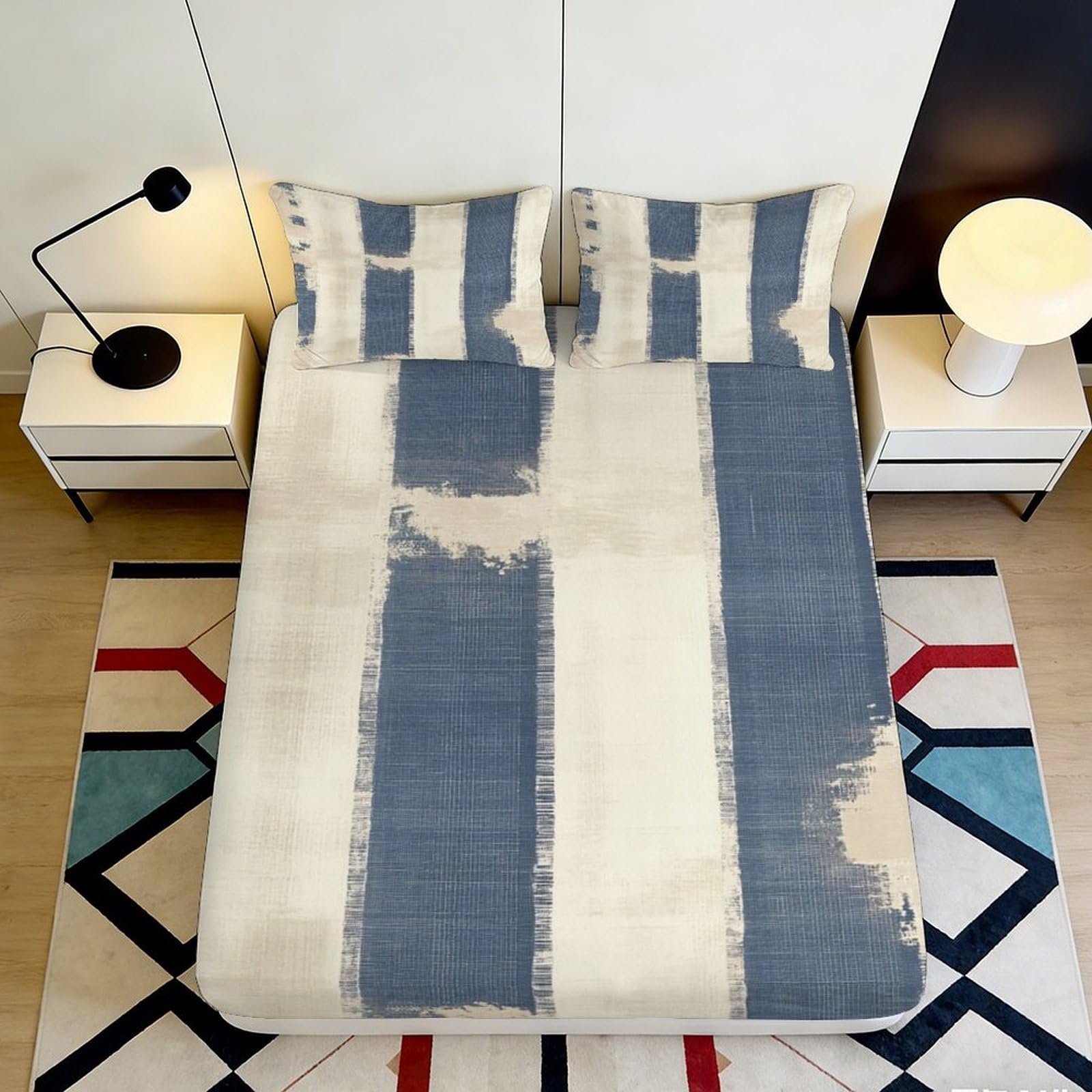 3D Printed Blue Beige Abstract Stripe Fitted Sheet Microfiber Soft Breathable Modern Geometric Mattress Cover for Bedroom Dorm Guestroom 90x200x25cm