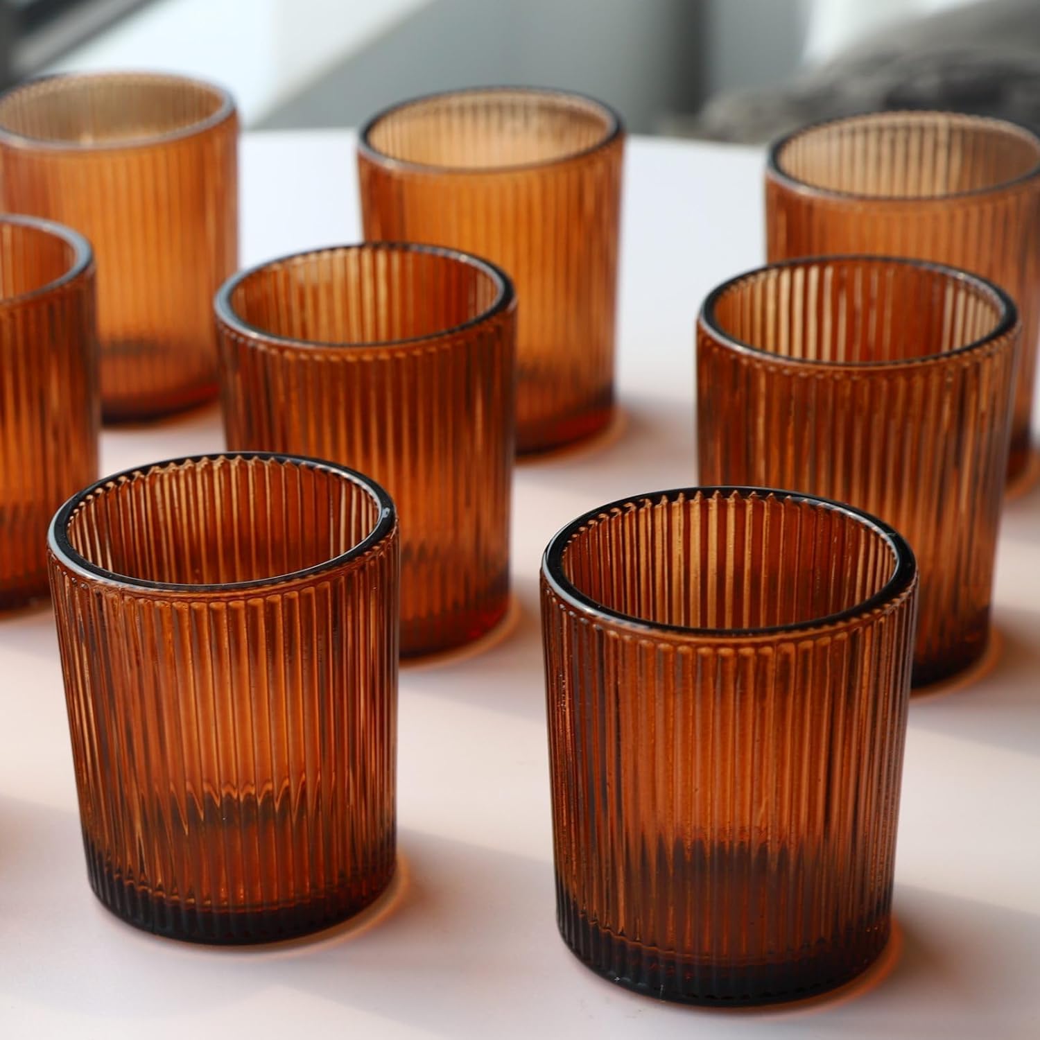 Set di 12 portacandele marroni, portacandele a coste per decorazione da tavola per matrimoni, portacandele votive per feste e vacanze