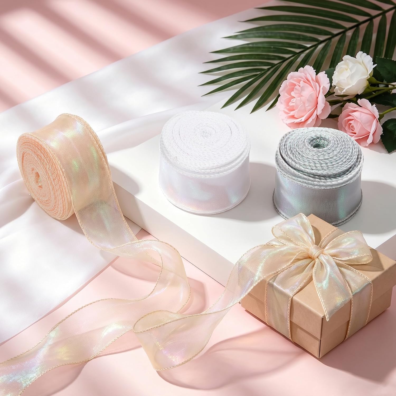 Iridescent Organza Ribbon 3 Rolls 30 Yards White Pink Silver Shiny Chiffon Ribbon 1.5 Inch Fishtail Tulle Ribbons Sheer Ribbons for Gift Wrapping DIY Crafts Hair Bows Party Decor Bridal Bouquet image 4