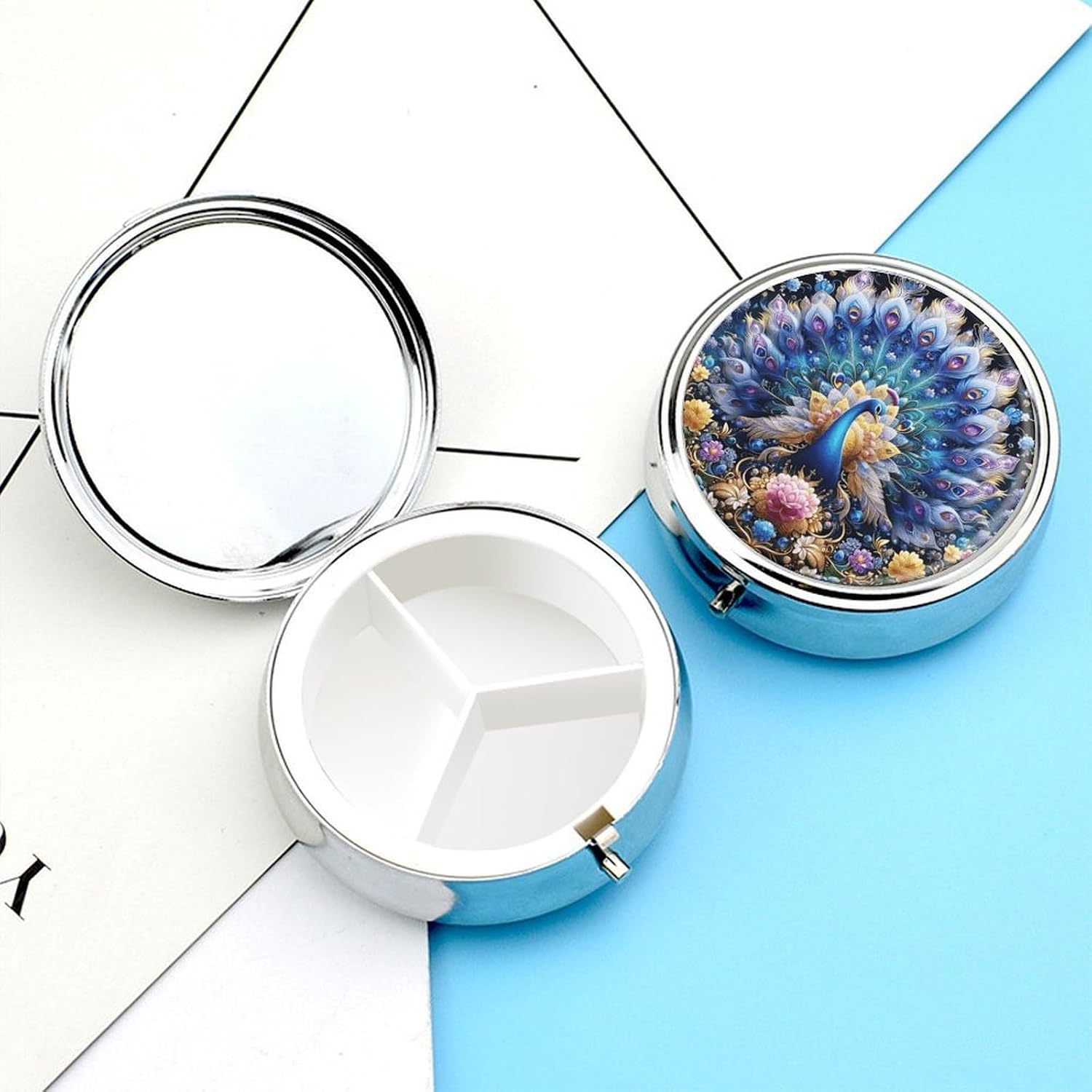 Colorful Peacocks 3 Compartments Pill Box with Mirror for Pocket image 3