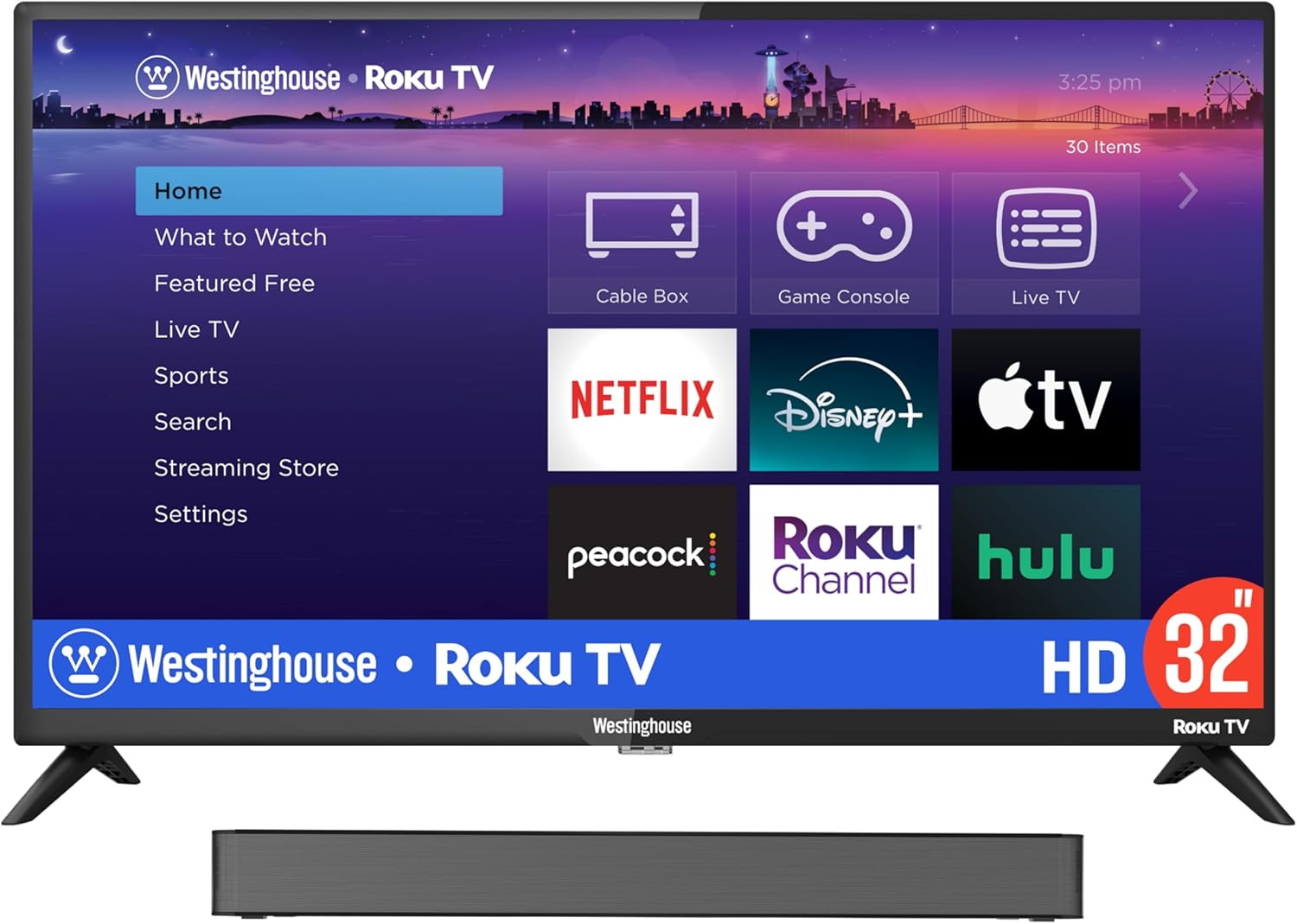Westinghouse HD 32" TV and 2.0 Channel Compact Mini Soundbar