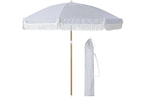 XL 6 ft Navy Blue Stripe Scalloped Fringe Round Beach Umbrella with Carry Bag