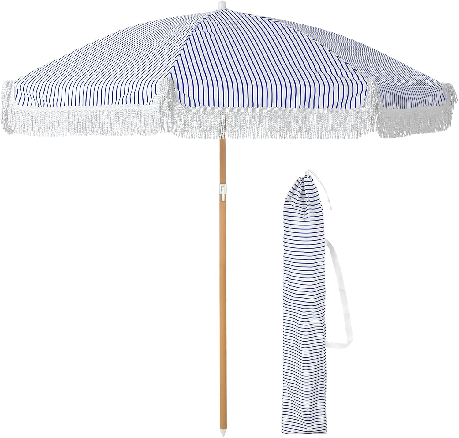 6 ft Blue Striped Beach Umbrella Outdoor Patio Scalloped Umbrella with Fringe Steel Pole, Steel Ribs and Carry Bag Tassel UPF 50+ UV Umbrella for Outdoor Patio Picnic Beach Garden Lawn Pool