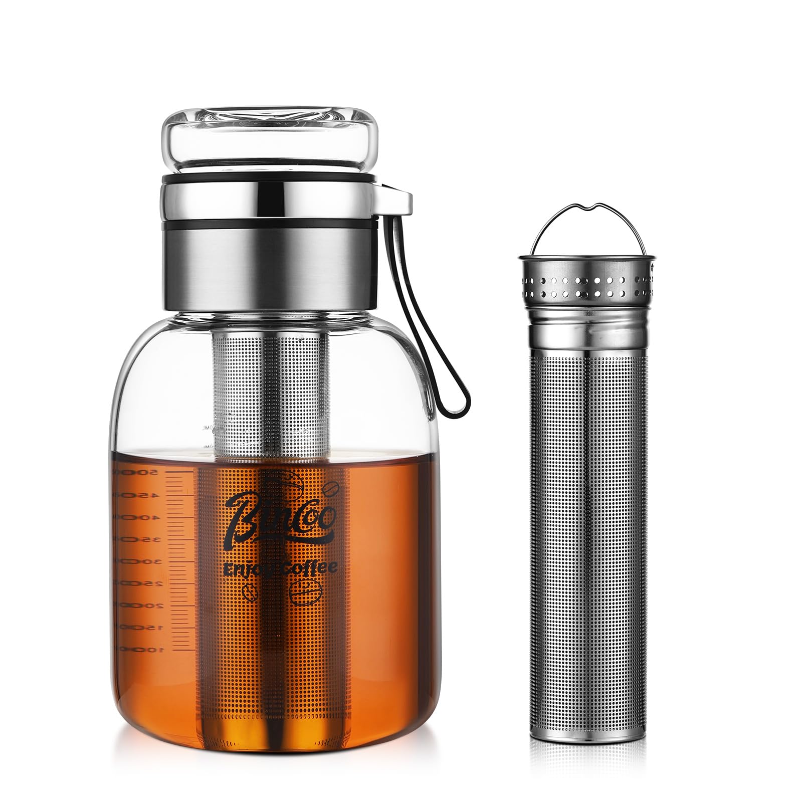 Glass Cold Brew Coffee Maker with Extended Fine Mesh Filter, Tea Infuser Bottle Iced Coffee Maker with Thick Borosilicate Glas
