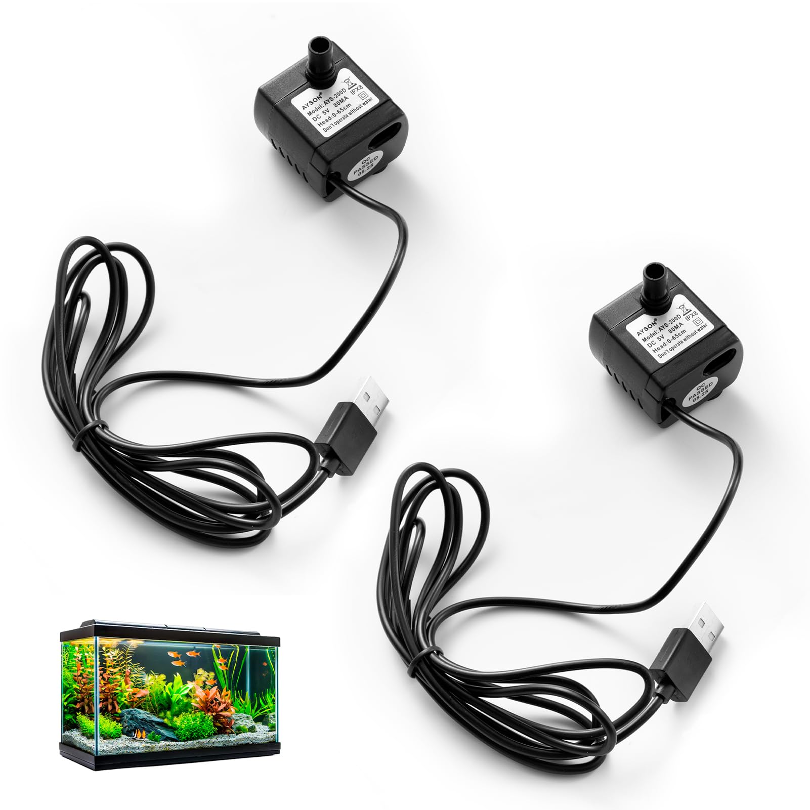 2 Pezzi Mini Pompa Acqua Sommergibile USB, DC 5 V 1 – 3 W 200 L/H Pompa Acqua USB, per Acquari, Fontane da Giardino, Stagni, Impianti Idroponici, Ultra Silenziosa, Portatile con Regolatore di Flusso