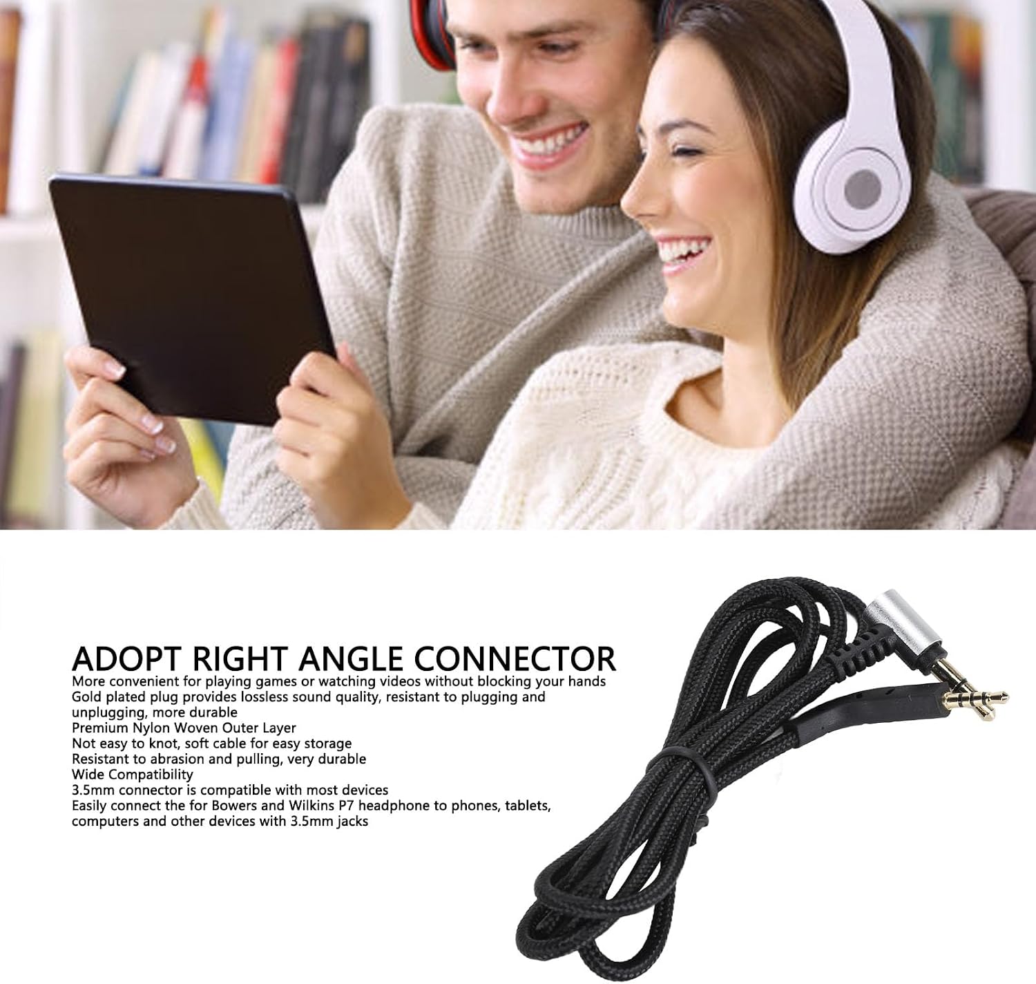 Headphone Replacement Cable, Upgrade Wire for Bowers and Wilkins P7, Right Angle Connector, Gold Plated Plug, 1.2m Length, OFC Core, Compatible with Phones, Tablets, Computers image 3
