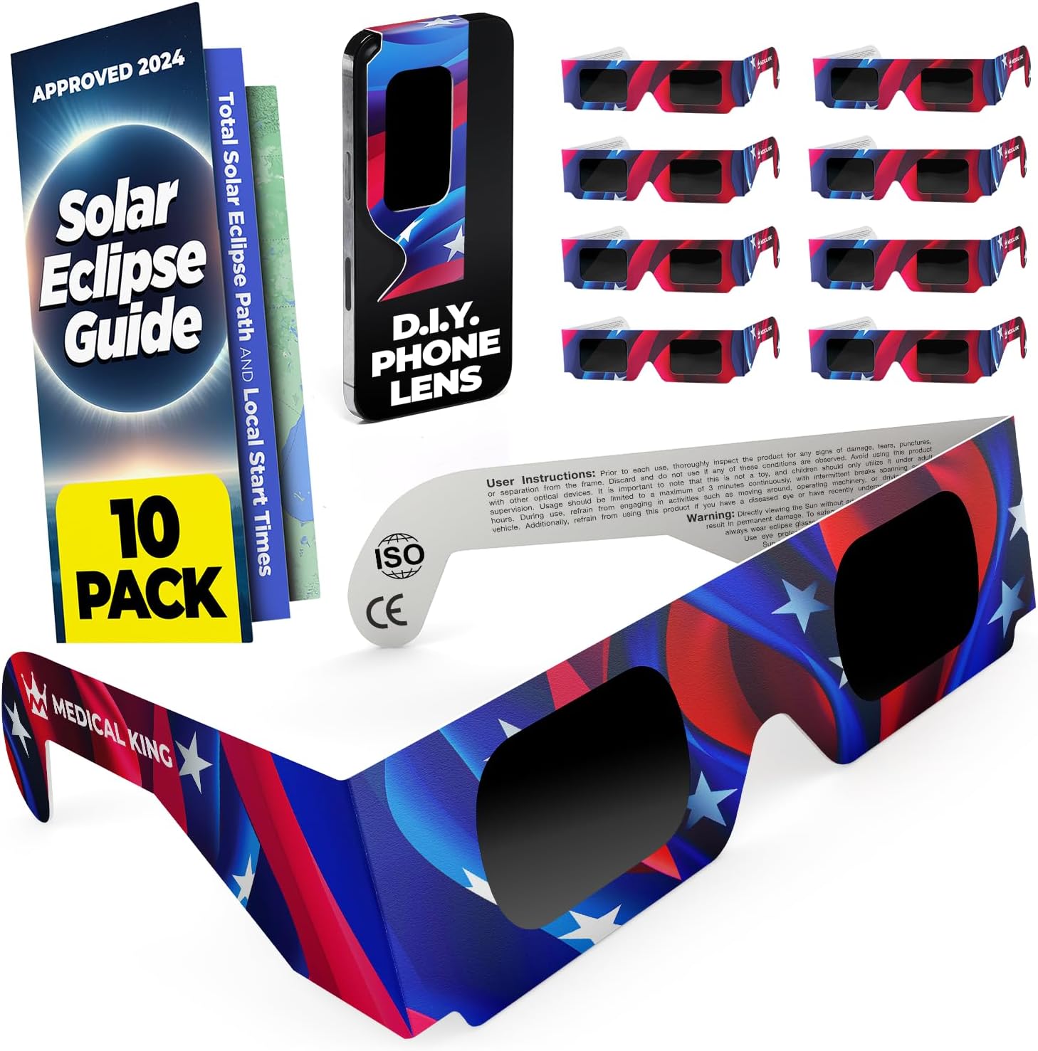Medical king Solar Eclipse Glasses (10 pack) 2024 CE and ISO Certified Safe Shades for Direct Sun Viewing Approved 2024
