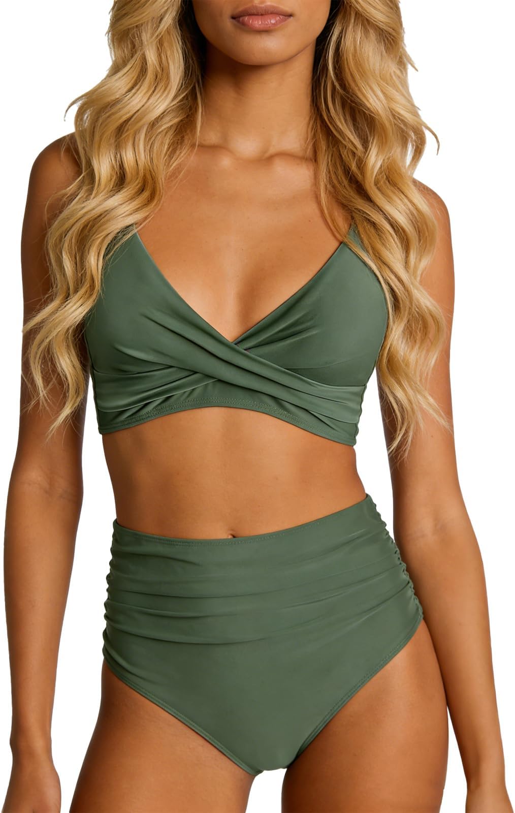High Waisted Bikini Set V Neck Twist Front Two Piece Swimsuit with Tummy Control & Removable Padding for Women