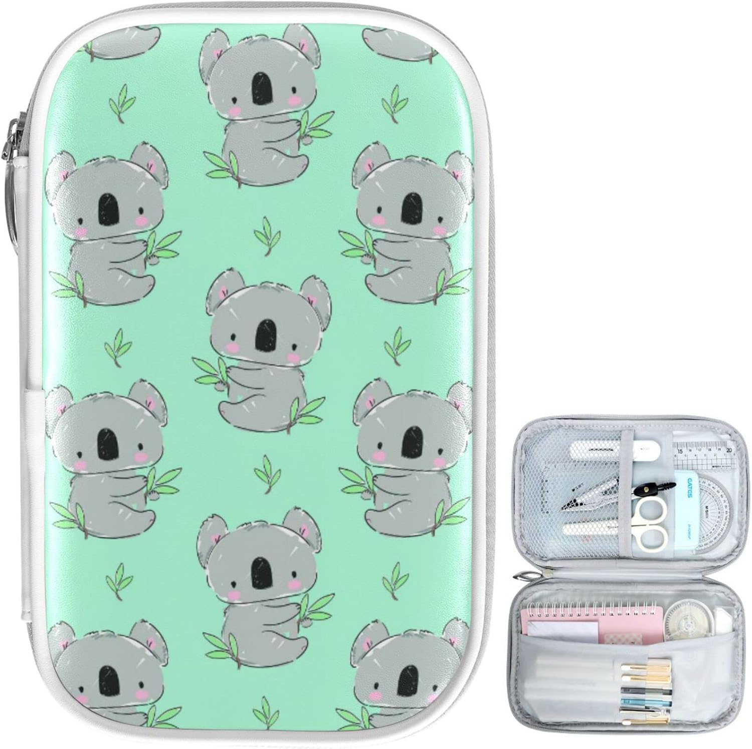 ZZKKO Cute Koala Green Leaves Pencil Bag Case Zipper Pencil Holder Organizer Stationary Pen Bag Cosmetic Makeup Bag Pouch Purse for School Office Supplies