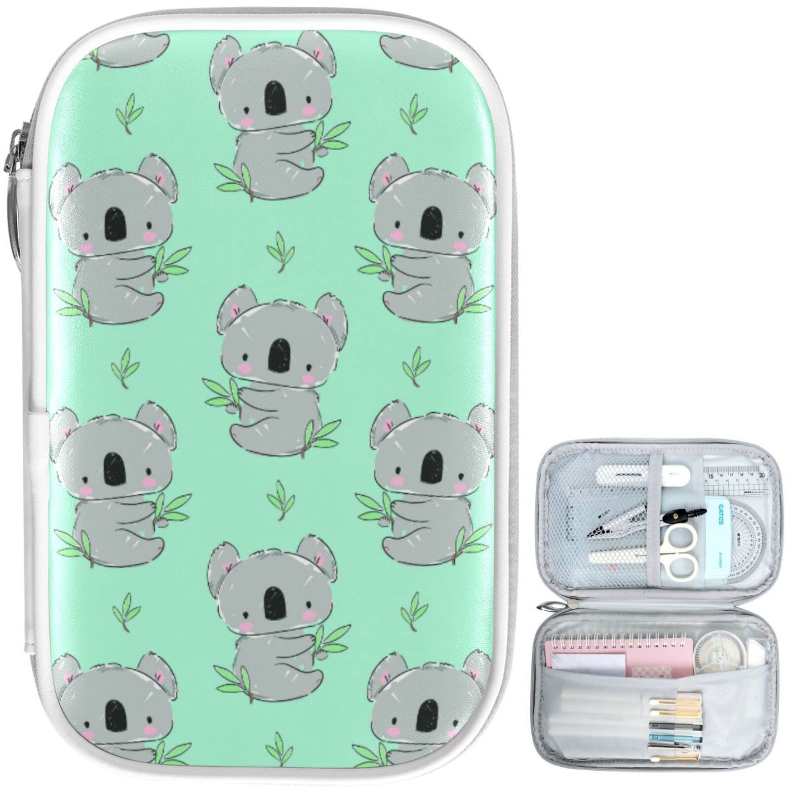 ZZKKO Cute Koala Green Leaves Pencil Bag Case Zipper Pencil Holder Organizer Stationary Pen Bag Cosmetic Makeup Bag Pouch Purse for School Office Supplies