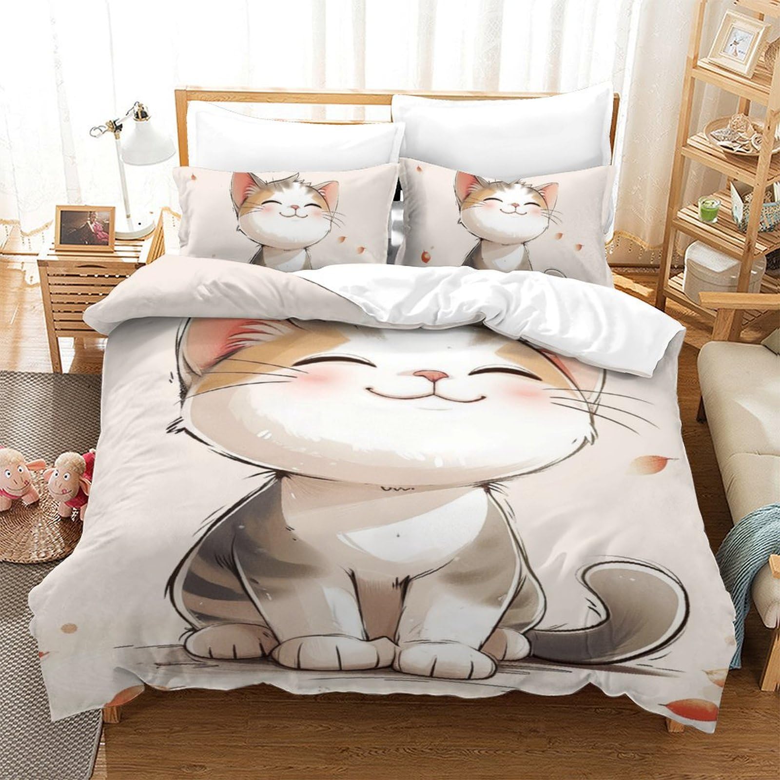 Housse de couette chat 3D 140x200 cm avec sa taie d'oreiller en microfibre pour enfant