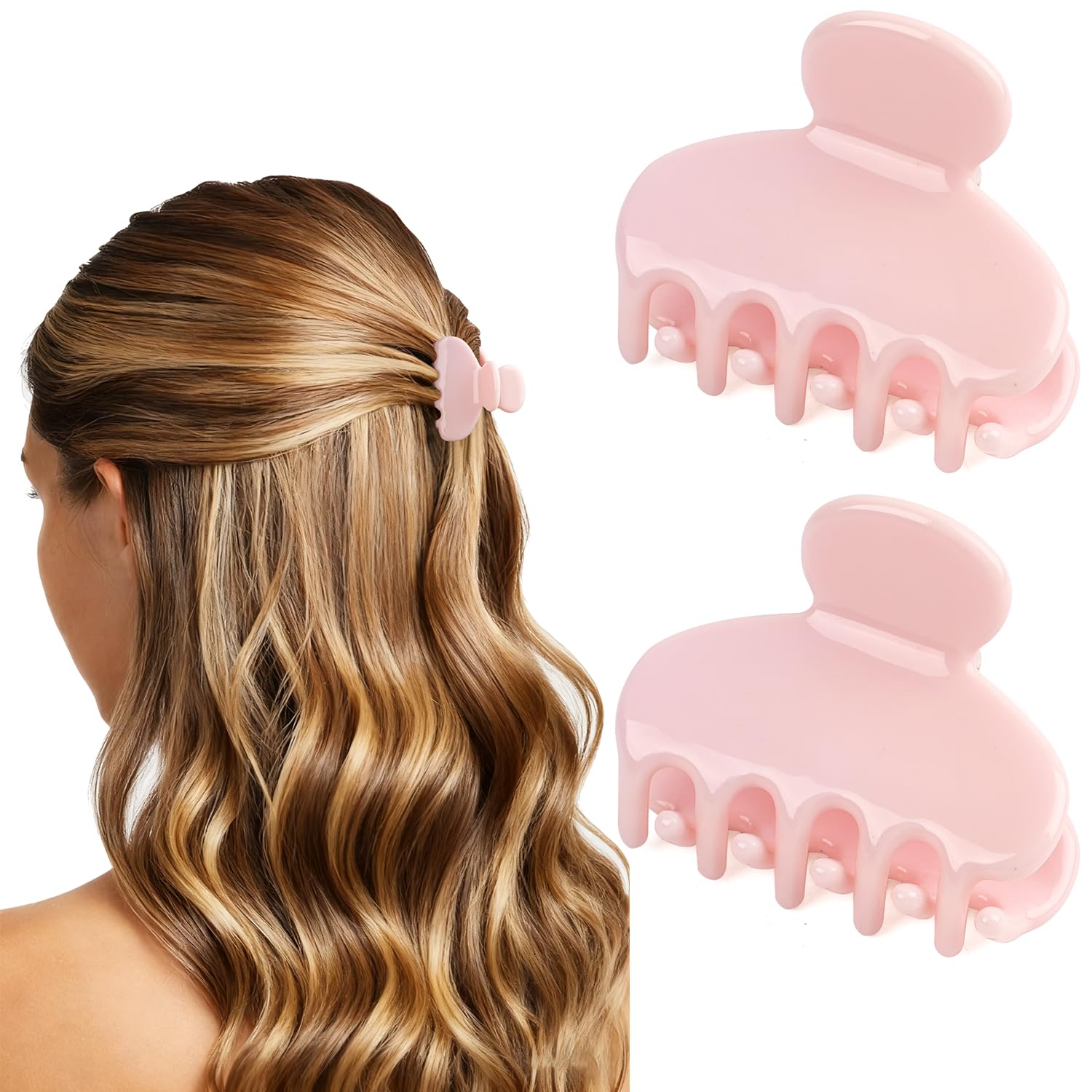 MAORULU 2 Pack Mini Acetate Hair Claw Clips – 1.6 Inch Small Durable Hair Clips for Women & Girls, Strong Hold Tiny Cute Jaw Clips for Bangs & Half Up Hairstyles (Soft Pink)