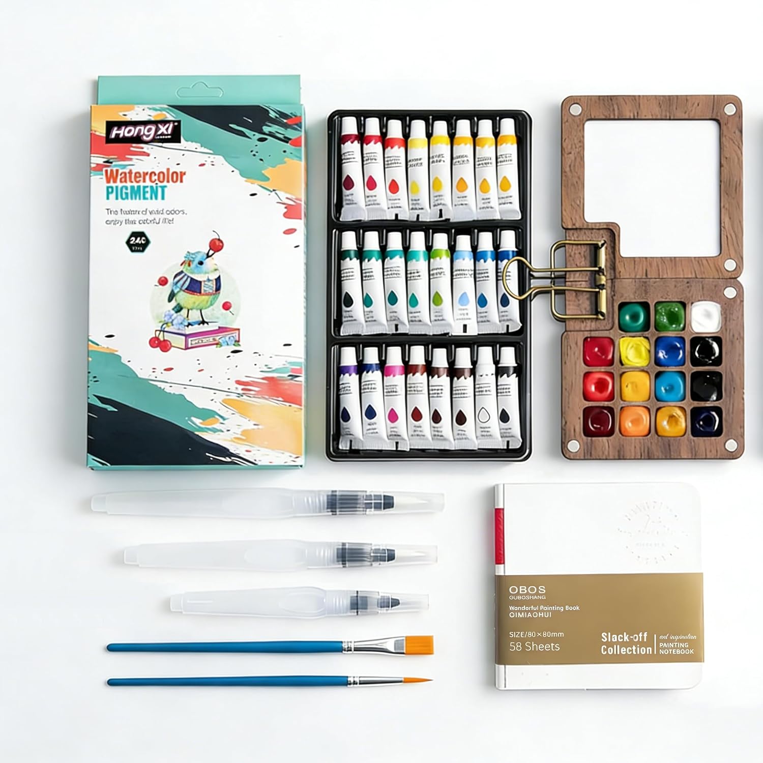 Watercolor Kit,New Mini Watercolor Paint Set, Pocket Watercolor Set with Paint, Brush, Sketchbook & Copper Clip, Travel Kit for Beginners, Artists & Painting Enthusiasts(Walnu -15 Grids)