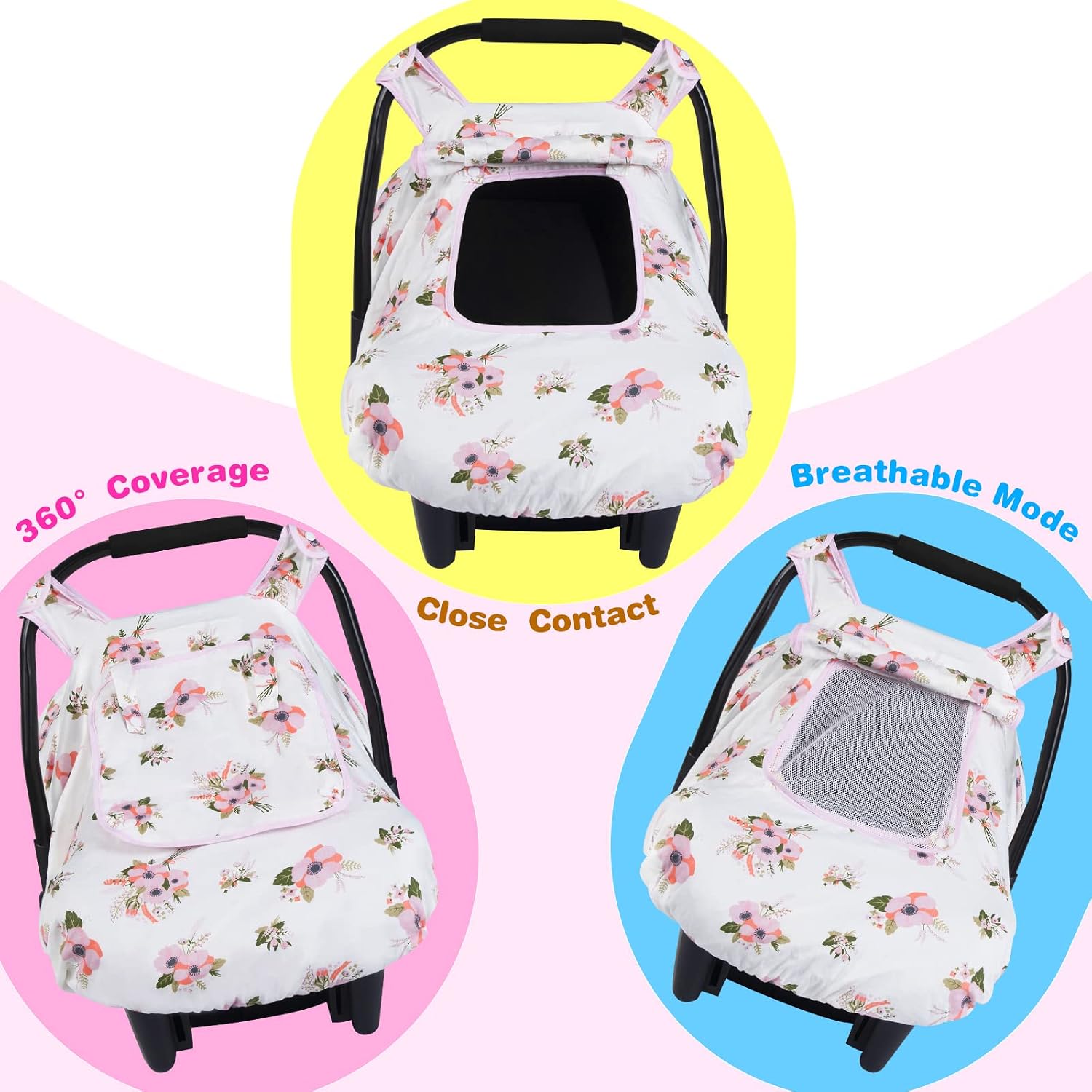 Baby Car Seat Covers, Infant Car Canopy for Spring Summer Autumn Winter, Universal Fit, Snug Warm Breathable, Car Seat Canopy for Boys Girls (White Flower)