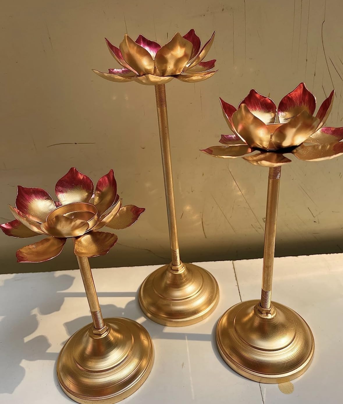 Set of 3 Lotus Shaped Metal Candle Holders – Gold & Red Decorative Tealight Stand for Home Decor, Festive Decoration, Pooja Room & Gifting – Elegant Lotus Flower Design-image-15