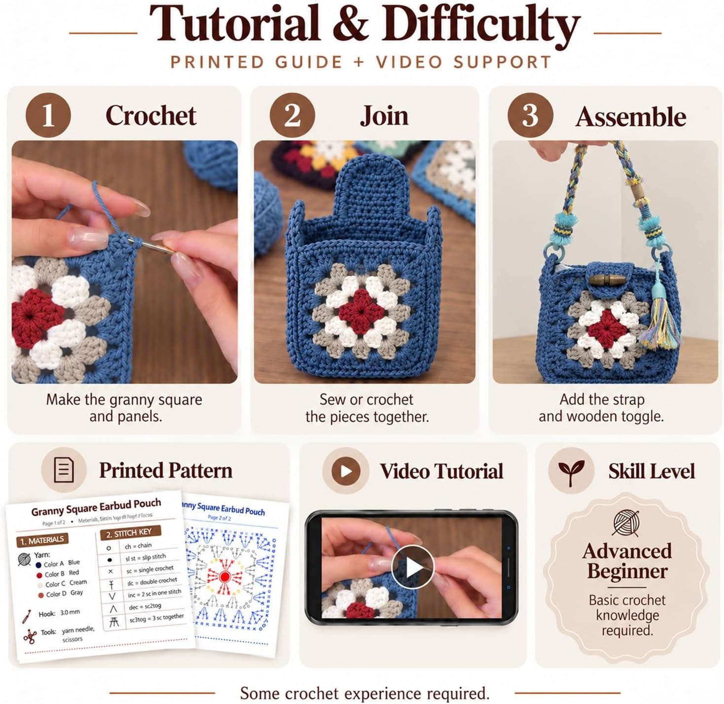 TMEGMIC Granny Square Crochet Bag Kit, DIY Kit for 2 Mini Bags with Yarn & Straps (Blue Bag + Leather/Brown Bag + Woven)
