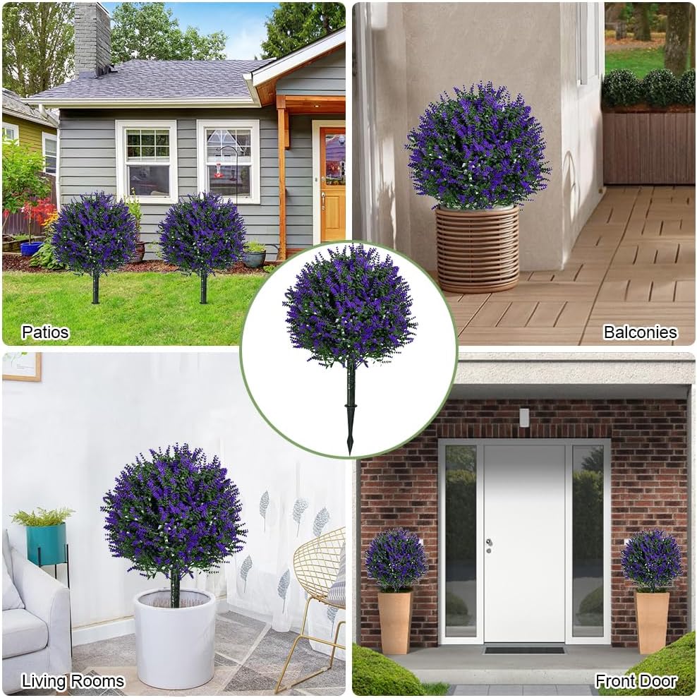 Set of 2 Artificial Boxwood Topiary Ball Trees with Flowers for Outdoor 27", UV Resistant Faux Greenery Shrubs Flower Bushes with Ground Spike, Fake Plants for Garden Yard Porch Patio Decor (D)