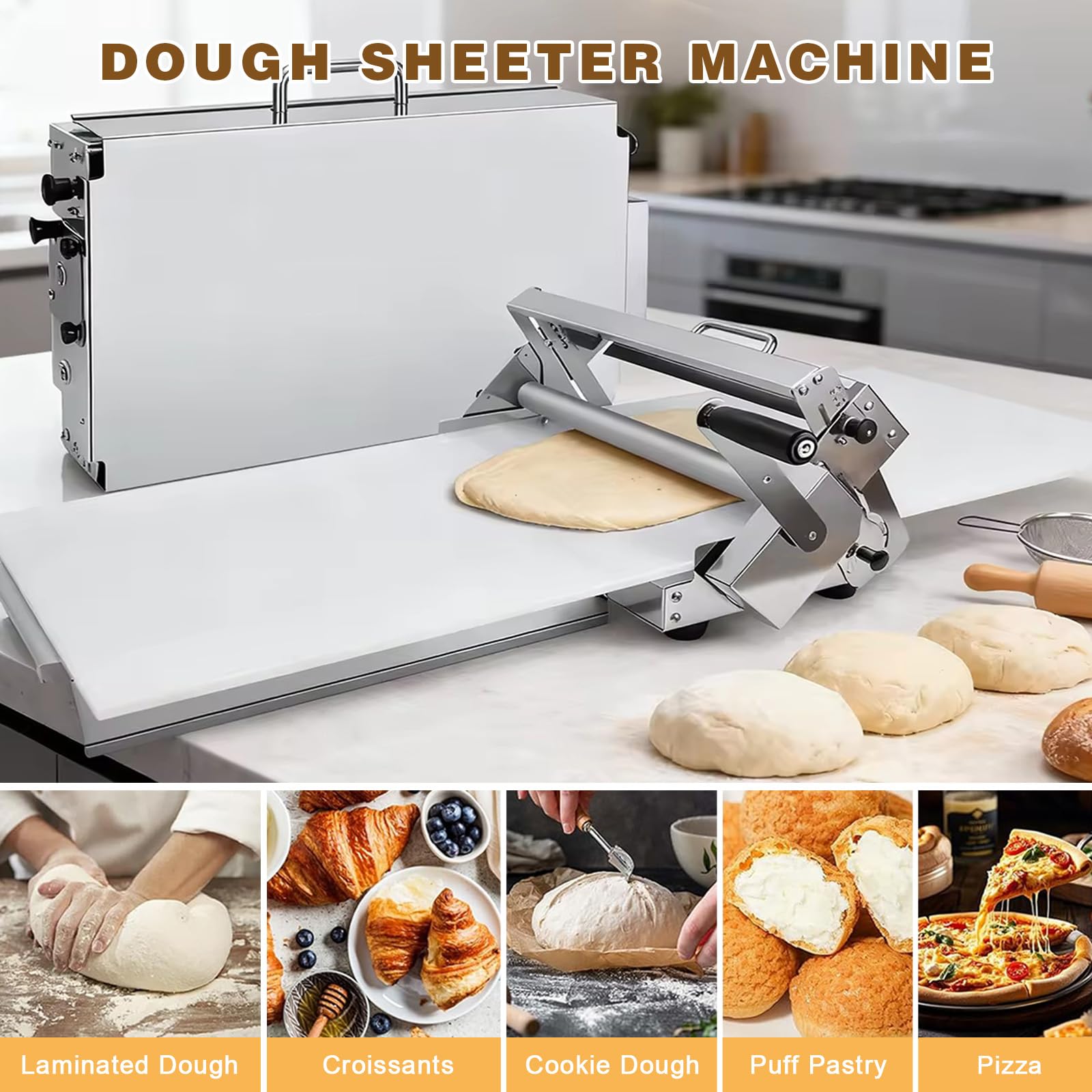 Macchina per sfogliare l'impasto, laminatrice manuale per croissant con spessore regolabile, rullo in acciaio inossidabile per cottura a casa o uso commerciale