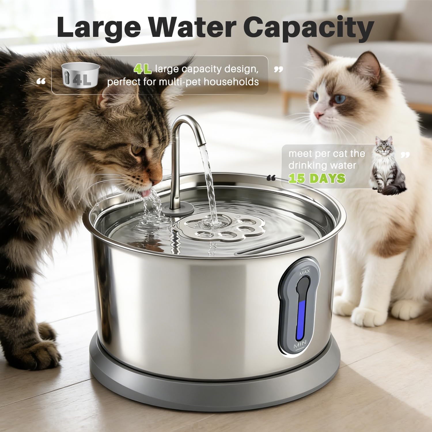 Stainless Steel Cat Water Fountain, 135oz/4L Pet Water Dispenser with App Monitoring, 4000mAh Water Dispenser for Cats, Ultra Quiet, LED Water Level Window Automatic Cat Fountain, (2 Filter&3 Sponge)