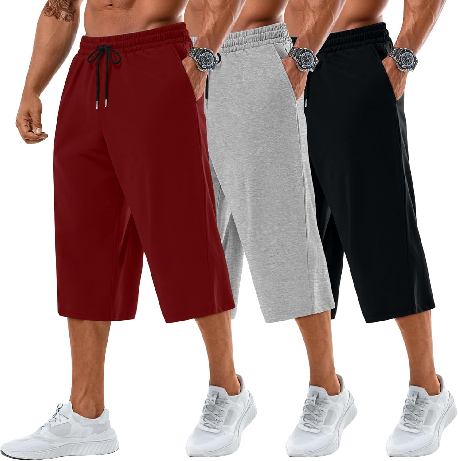 Neer 3 Pack Men's Baggy Capri Pants Plus Size Below Knee Casual 3/4 Shorts Big and Tall Summer Drawstring Pants with Pockets