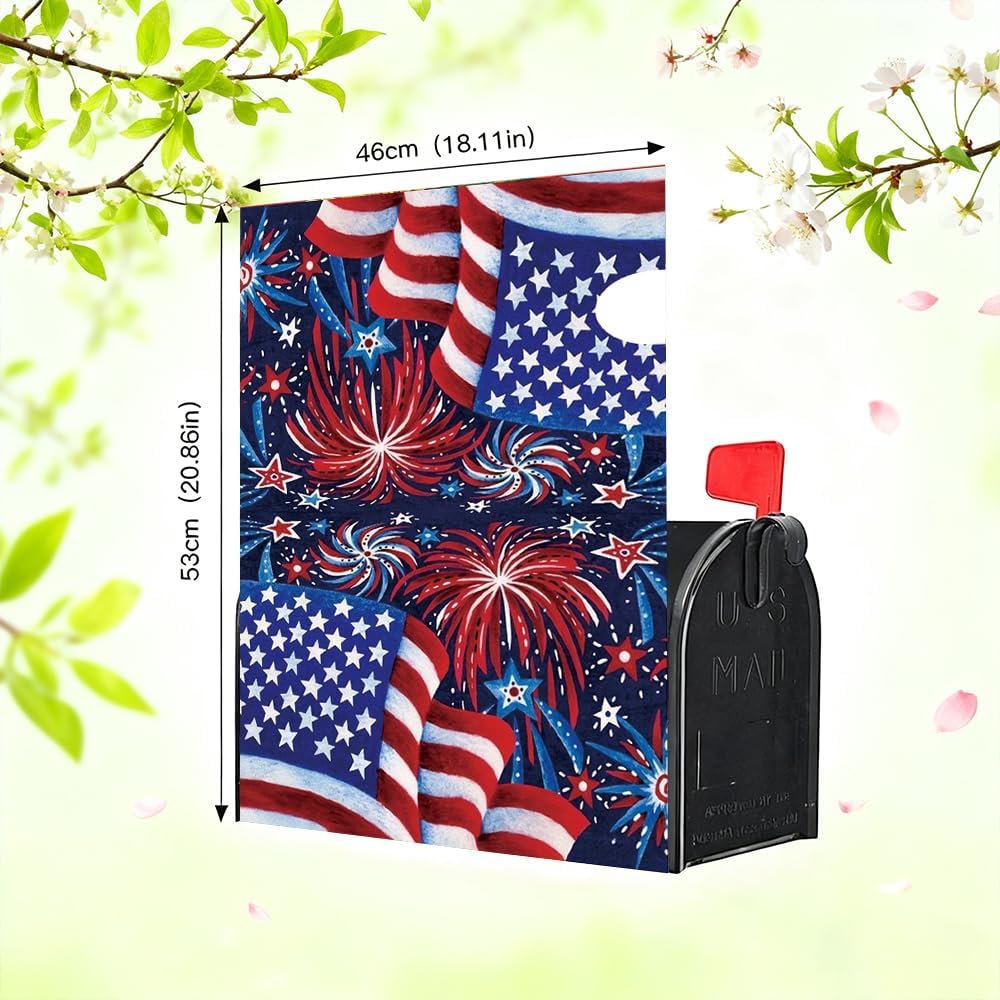 4th of July American Flag Magnetic Mailbox Cover with Fireworks & Stars, Waterproof Oxford Cloth Patriotic Mailbox Wrap, Outdoor Garden Yard Home Decor for Standard Size 18" x 21"