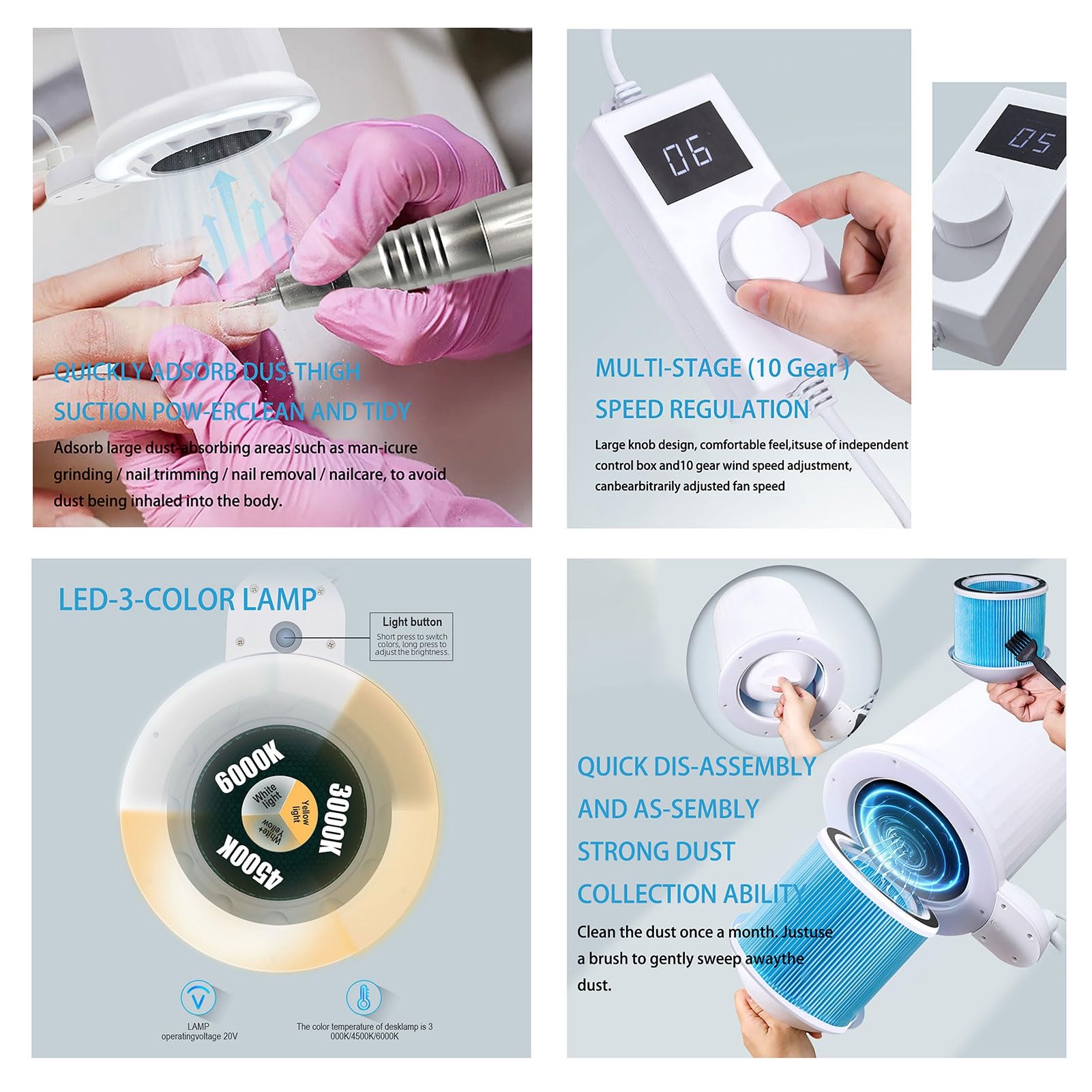 Aspiratore Unghie, Aspirapolvere Unghie Professionale per Pedicure E Manicure, Luce A 3 Colori E 10 velocità del Regolabili, Supporto da Tavolo Universale