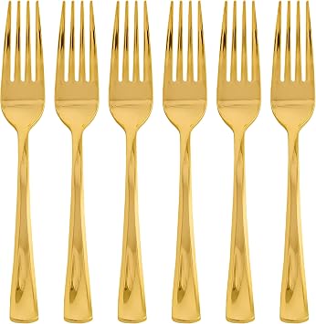 Kaya Shiny Metallic Gold Plastic Forks Pack of 24 - Disposable Salad Forks, Premium Flatware And Party Supplies For Birthday, Baby Shower & Everyday Home Use