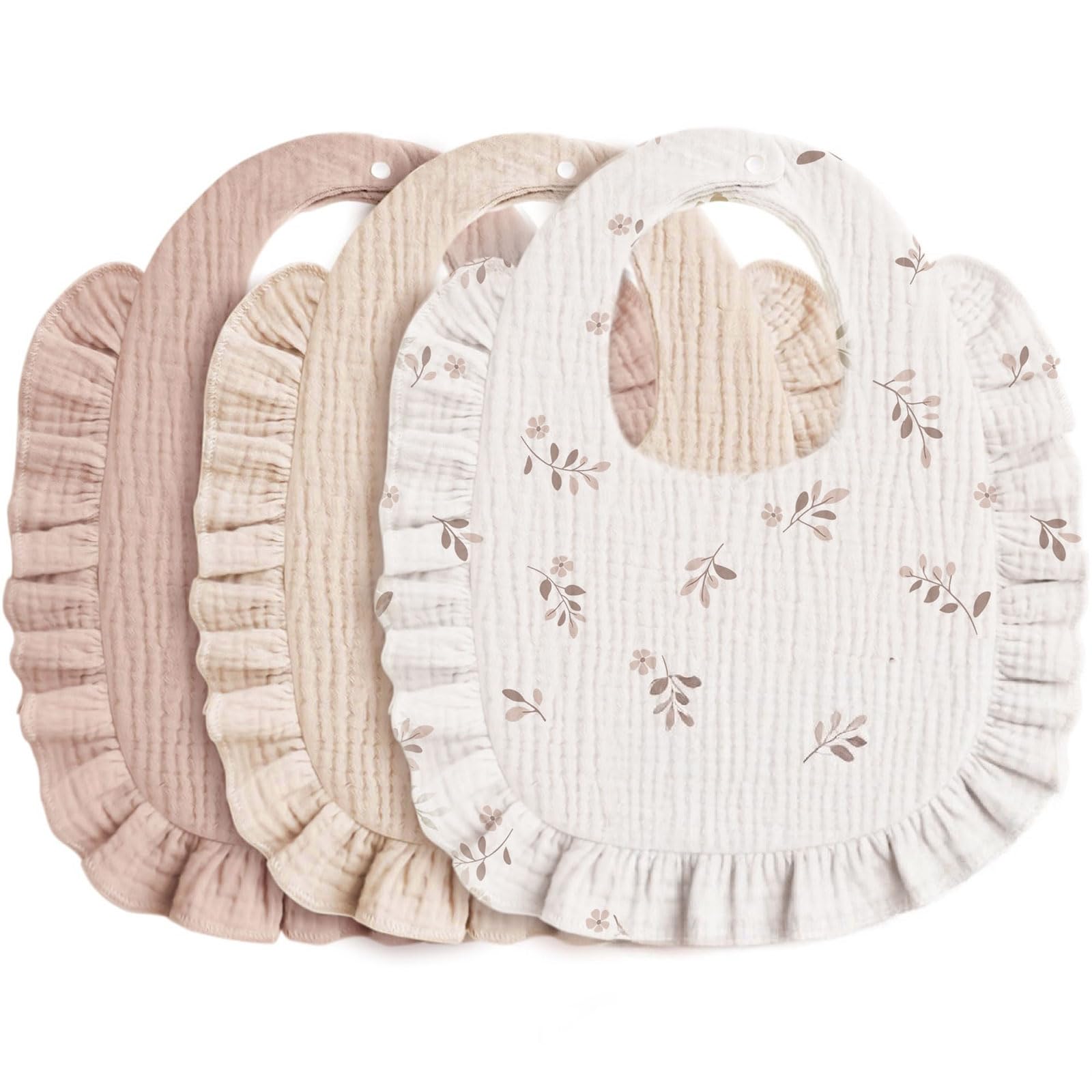 Ficopano 3 Pack Muslin Dribble Bibs, Soft Absorbent Adjustable Feeding Bibs for Drooling Infant 0-36 Months, Practical Baby Daily Eating Accessory (21x21cm, Beige/Brown Floral)