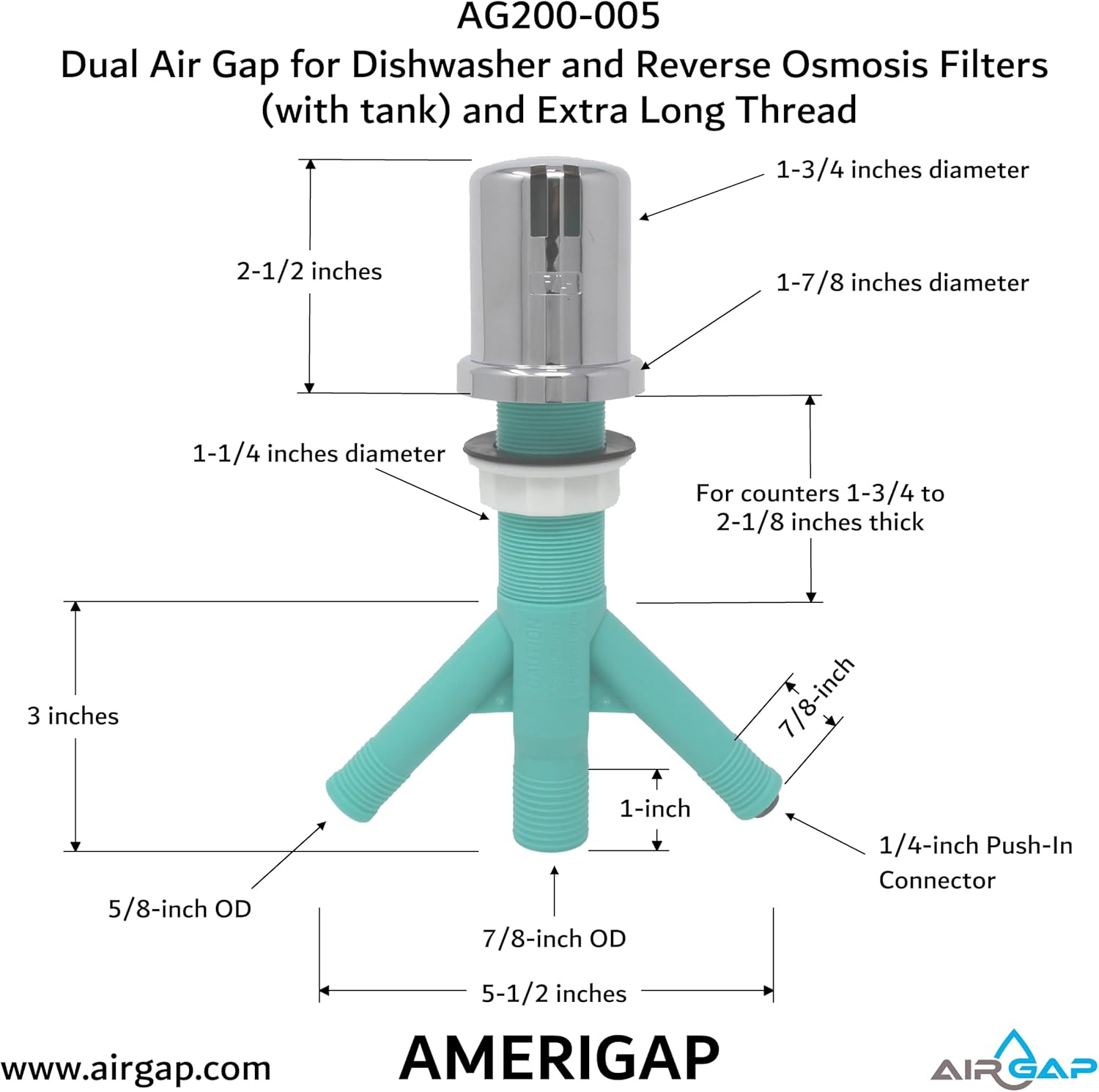 Dual Air Gap for Dishwasher and Reverse Osmosis Filters (with tank) and Extra Long Thread (AG200-005, AG200-002, T52 RO KIT, AMERIGAP)